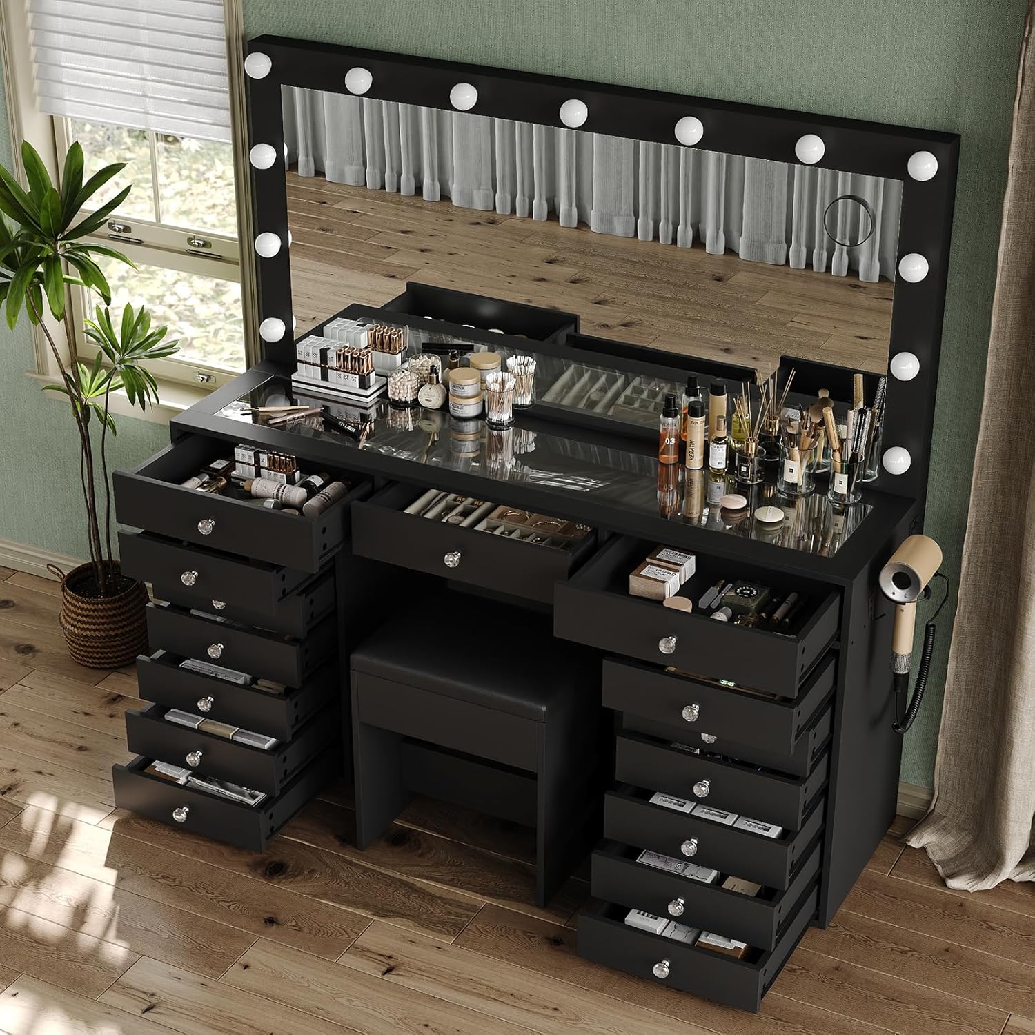 Yanosaku vanity desk with 15 drawers open, revealing organized storage for cosmetics and accessories.