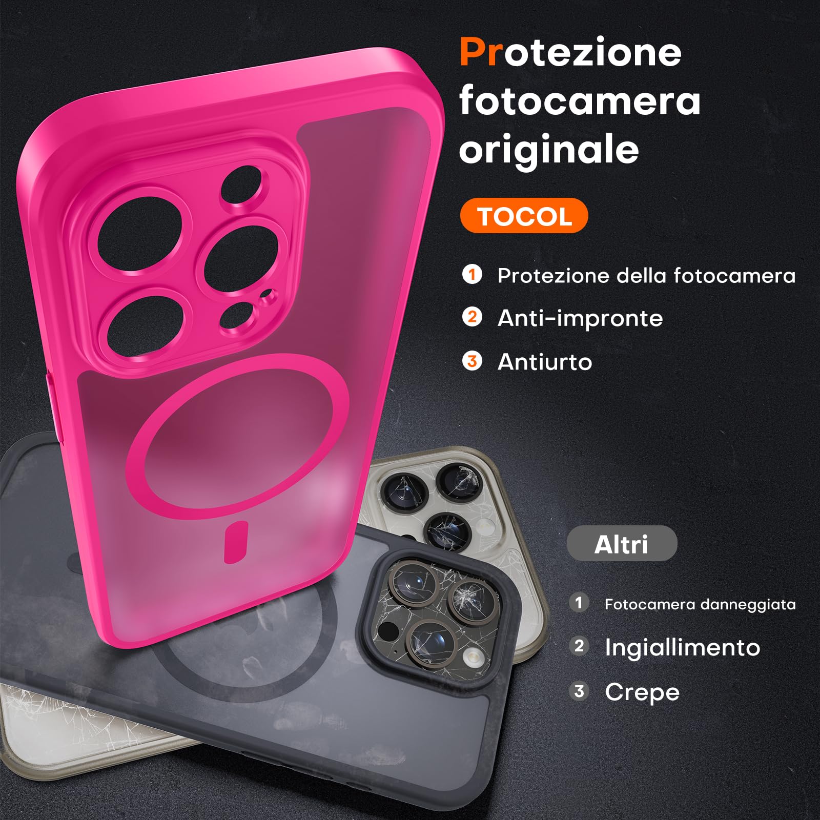 TOCOL Cover Magnetica per iPhone 14 Pro 6,1 Pollic, Compatibile con MagSafe, Protezione Fotocamera Integrata, Custodia Antiurto Traslucida Opaca, Rosa Caldo