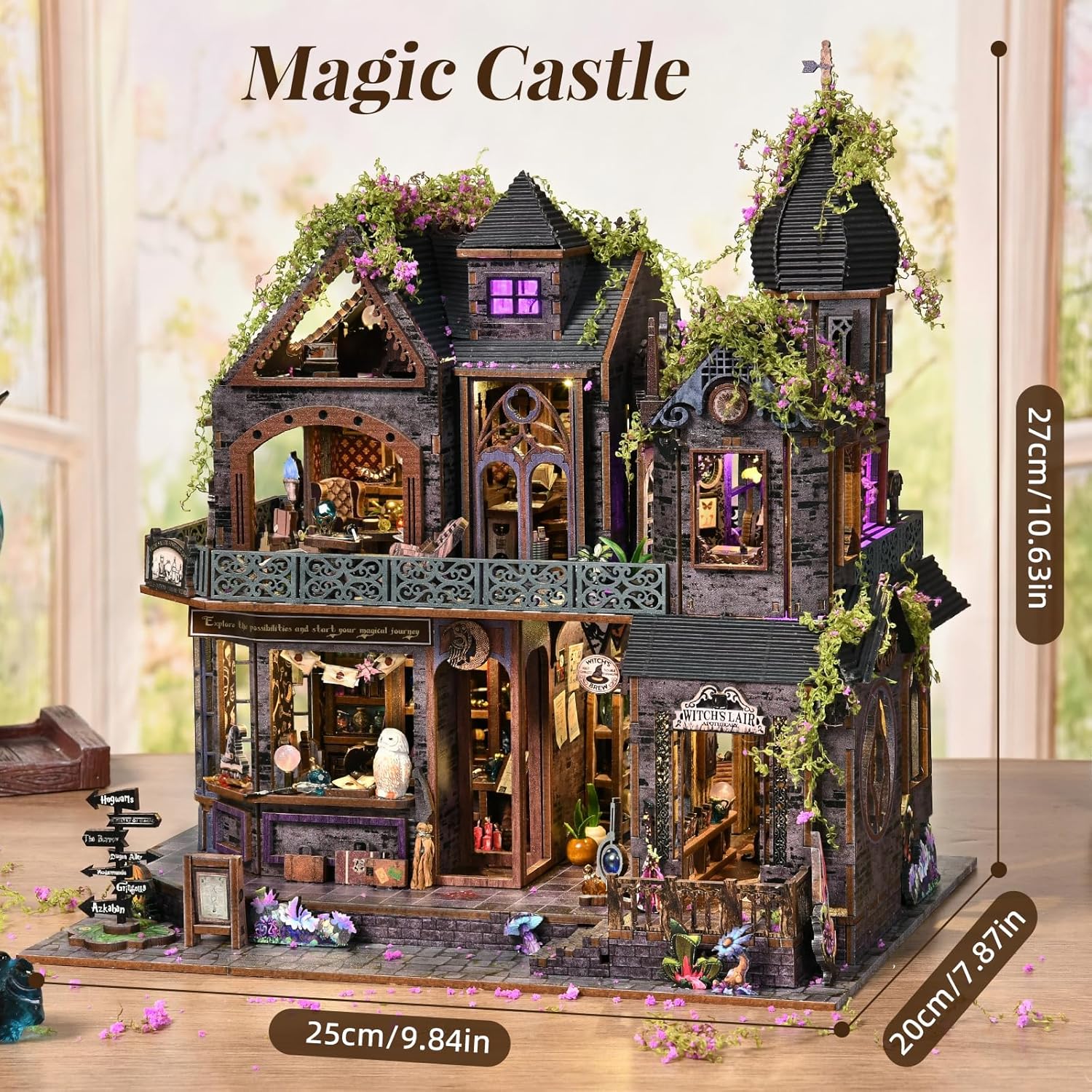 DIY Miniature House Kit, Dollhouse Magic City Gothic Witch House for Adults to Build, Birthday/Christmas Day Gift for Family and Friends, Prefab Tiny Home with LED Lights,Magic Castle