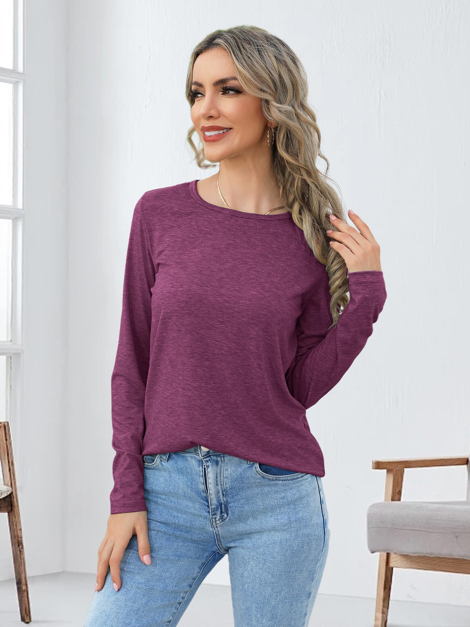 Camisetas de manga larga para mujer, con cuello redondo, básicas, camisetas casuales de primavera