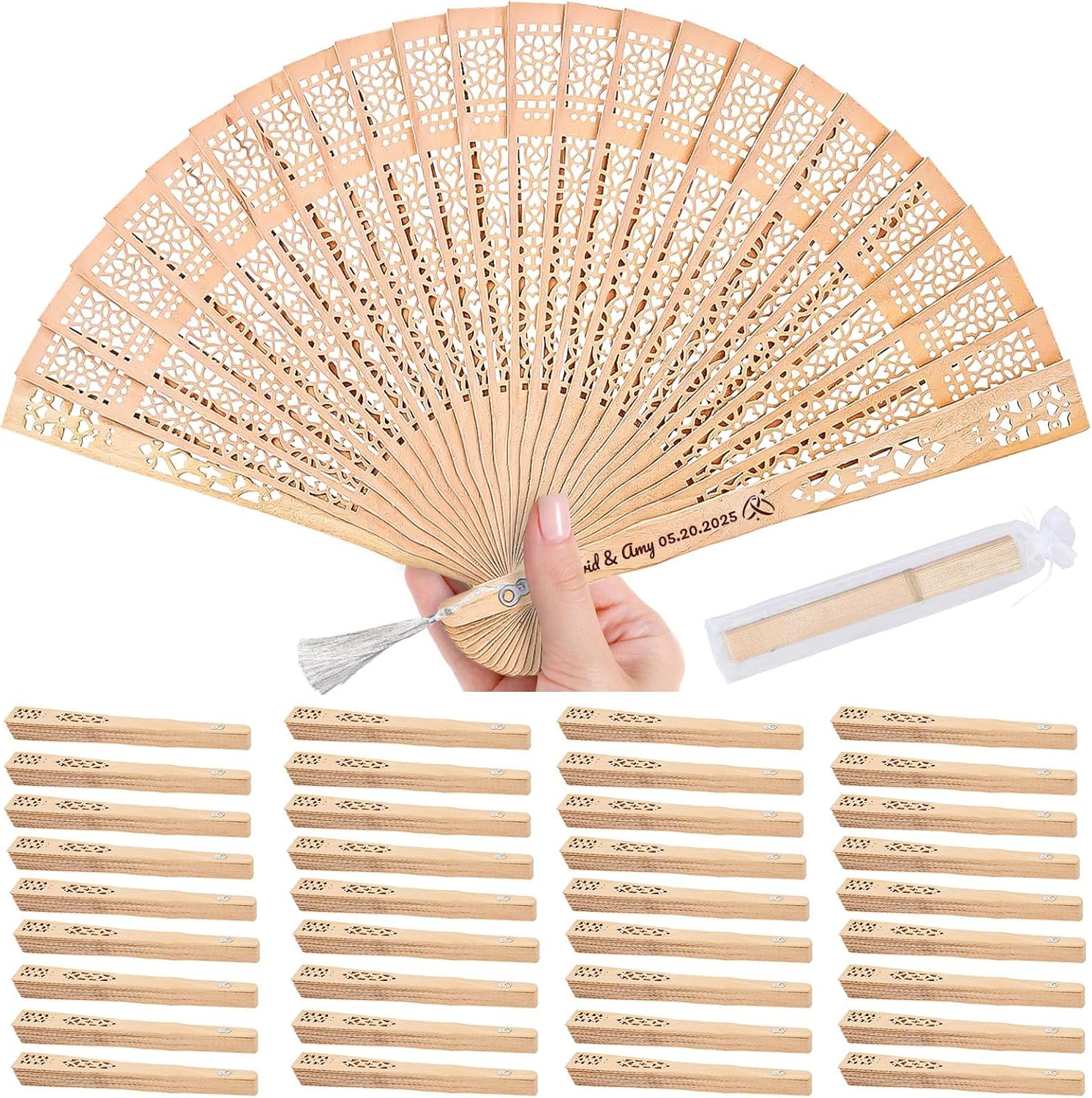 100pcs Personalized Wedding Fans for Guests - Custom Wooden Hand Fans with Names/Dates - Bulk Wedding Favors for Bridal Shower, Baby Shower & Parties (Wood, 100pcs)
