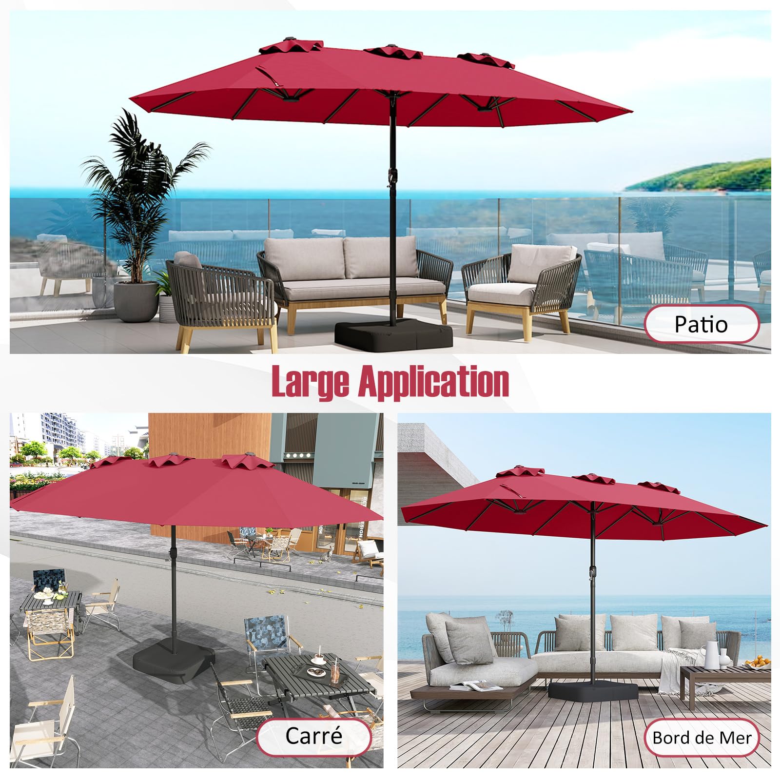 RELAX4LIFE Grand Parasol Double avec Pied 4,7M, Grand Parasol de Jardin Extérieur avec Manivelle, 12 Baleines, Base Croix, Sacs de Sable, Ventilé, Protection Solaire pour Terrasse Marché (Rouge)
