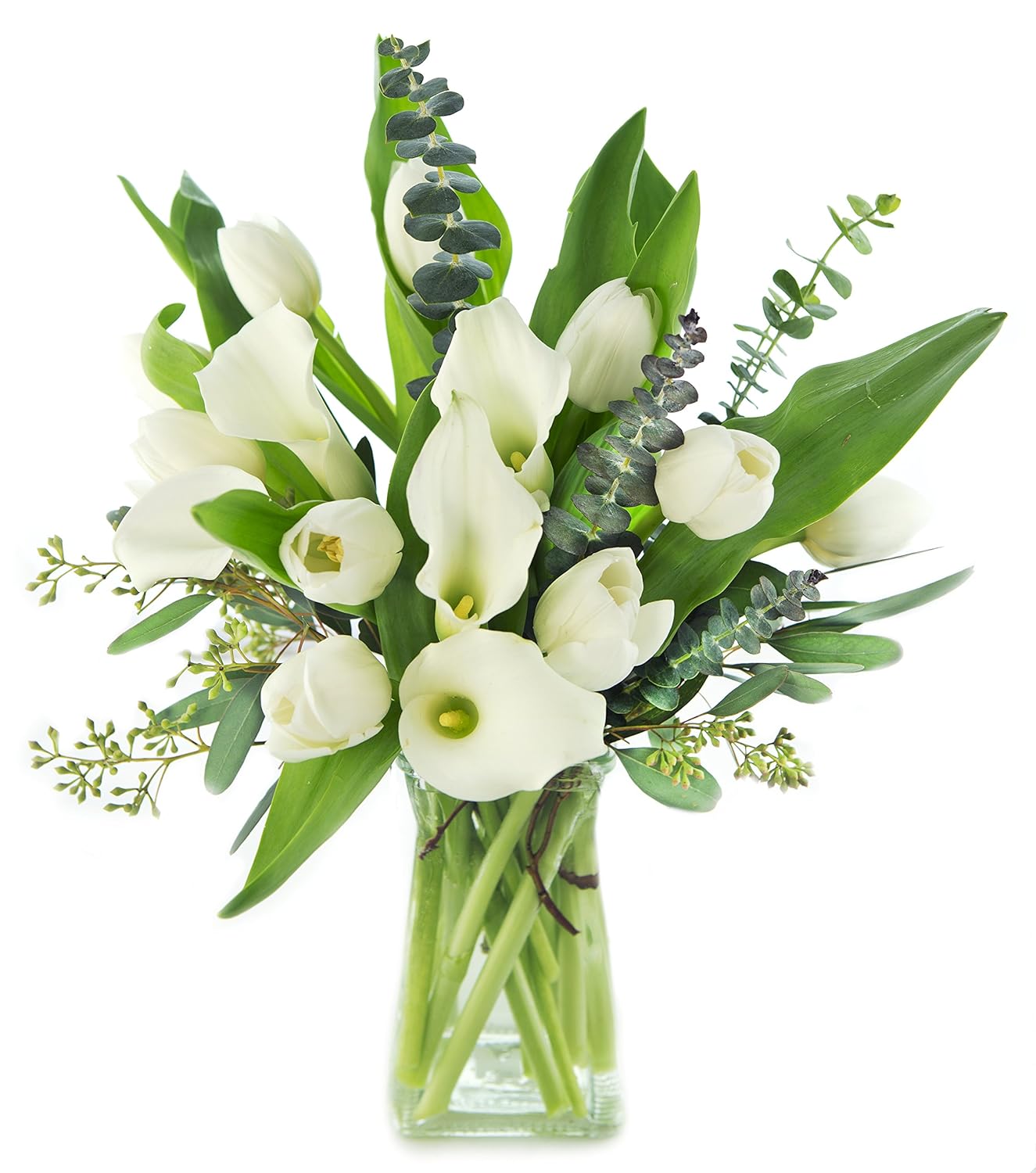 KaBloom PRIME NEXT DAY DELIVERY - Summer Collection - Pure Bliss Tulips and Callas with Vase. Gift for Birthday, Anniversary,Valentine, Mother’s Day Fresh