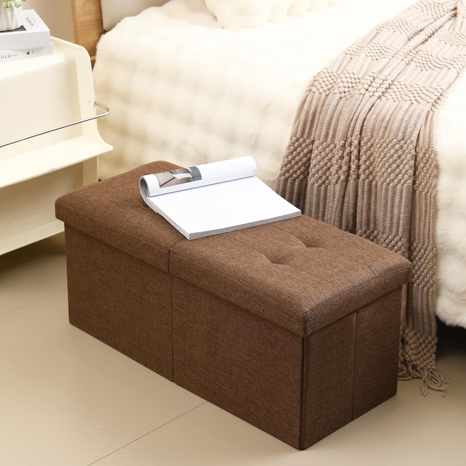 CUYOCA Storage Ottoman Bench Foldable Seat Footrest Shoe Bench End of Bed Storage with Flipping Lid, 75L Storage Space, 30 inches Linen Fabric Brown 30" Flip Brown
