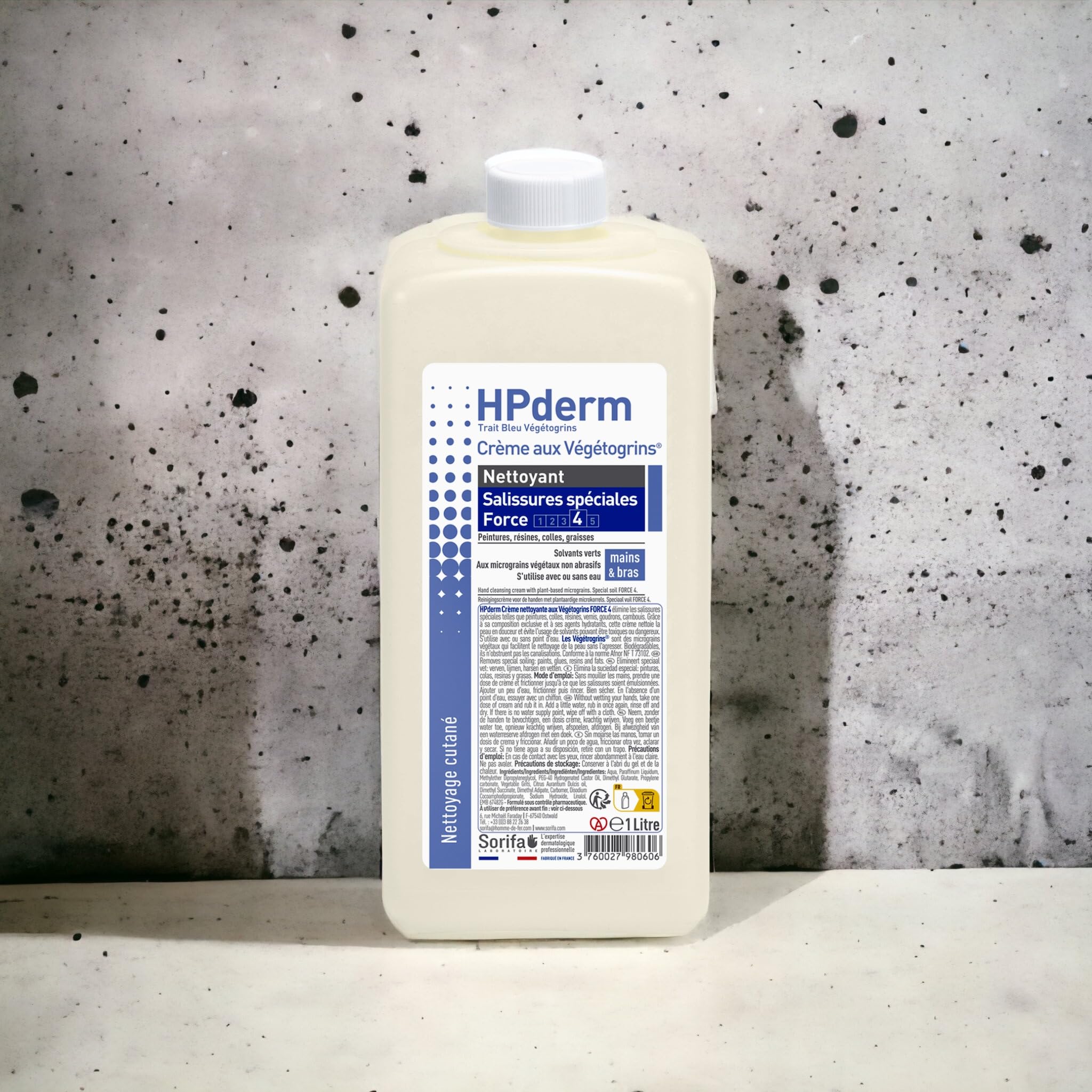 HPderm Crème nettoyante Force 4 - Mains et bras – Graisse, peinture, encre, mastic, goudron, colle, mousse - Sans savon – Flacon 1L.