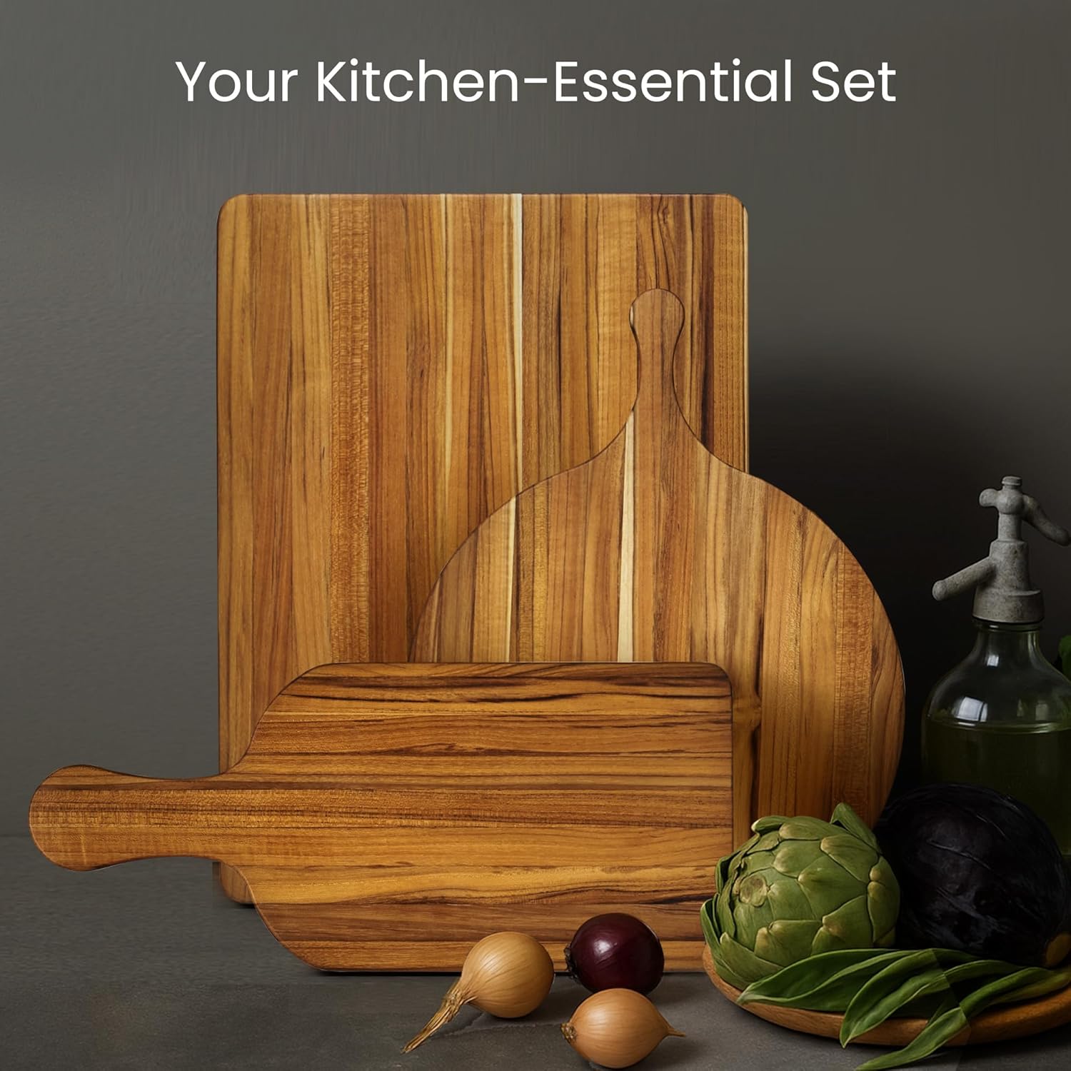 Teakhaus Teakwood Serving Boards Set of 3 - Includes a Regular Board, Round Serving Board and Paddle Cutting Board - Reversible, Edge Grain, Knife Friendly - FSC Certified