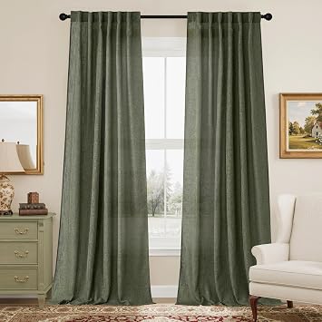 RYB HOME Dusty Green Linen Curtains 84 inch Length 2 Panels Set for Living Room, Linen-Look Soft Durable Elegant Drape Privacy Protection Sheer Curtains, Rod Pocket Back Tab, W 52" X L 84"