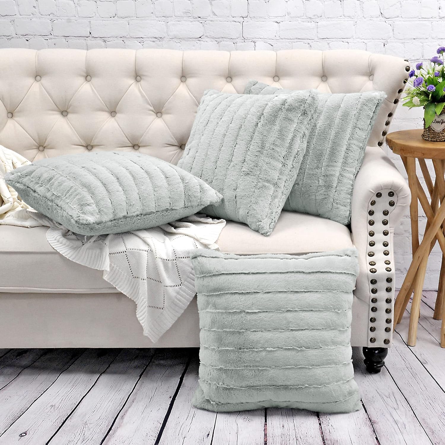 Striped Faux Fur Decorative Square Throw Pillow Covers with Sherpa Back 20 x 20 Inches Set of 4, Plush Soft Luxury Cushion Case Pillowcase for Couch Bed Bedroom Living Room, Light Gray