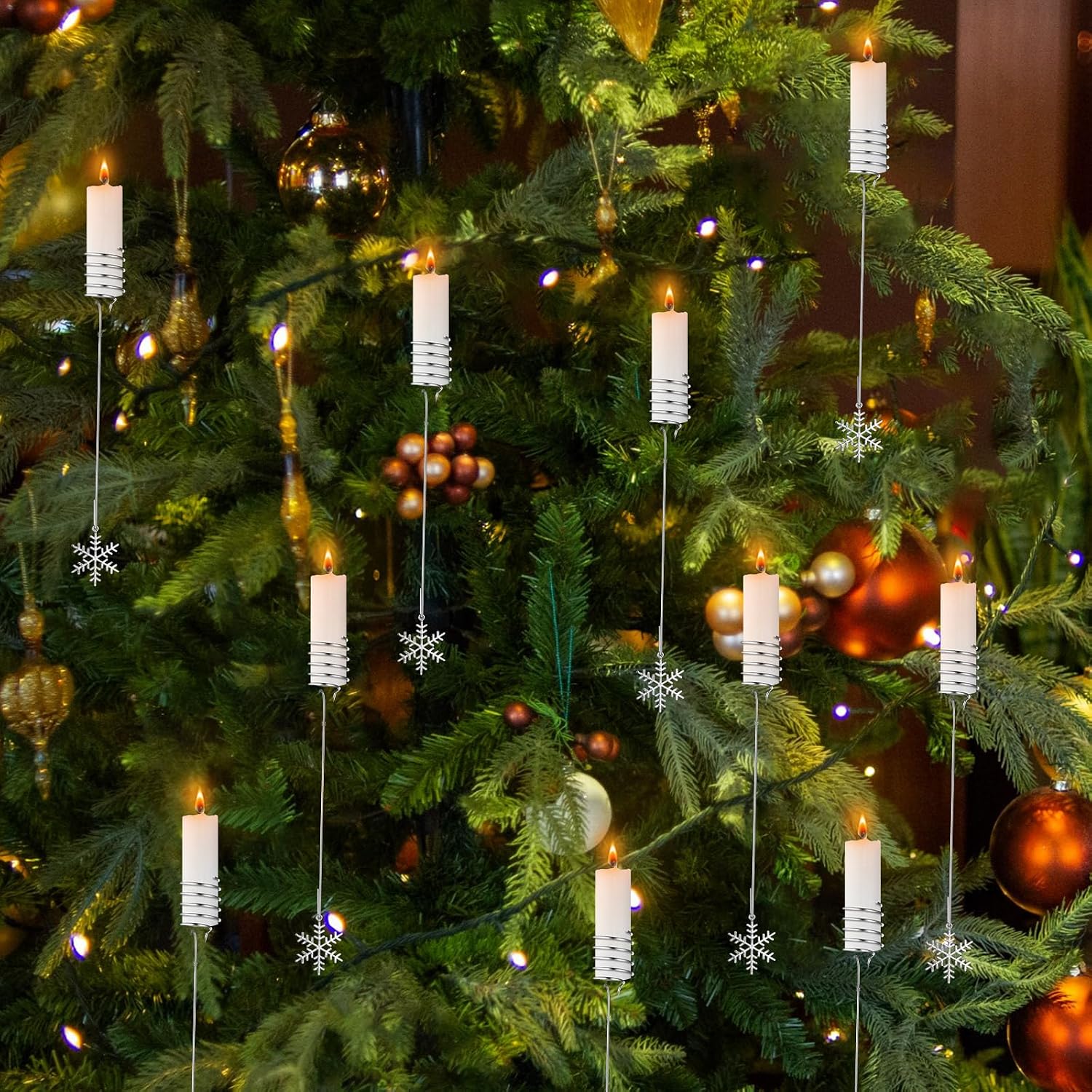 20 Pcs Silver Christmas Tree Candle Holders Metal Candle Holder with Snowflake Ornaments for Christmas Tree Balance Candlestick for Winter Xmas Indoor Outdoor Party Decoration