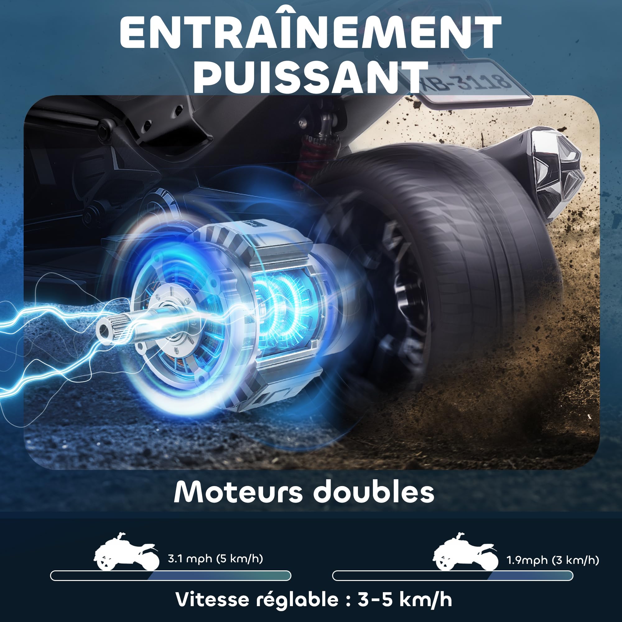 AIYAPLAY Quad électrique Enfants 12V, Design Tricycle inversé, Voiture électrique Enfants 2 Moteurs, Lecteur MP3, klaxon, 2 Vitesses, phares LED, Cadeau pour garçons et Filles âgés de 3 à 8 Ans, Noir