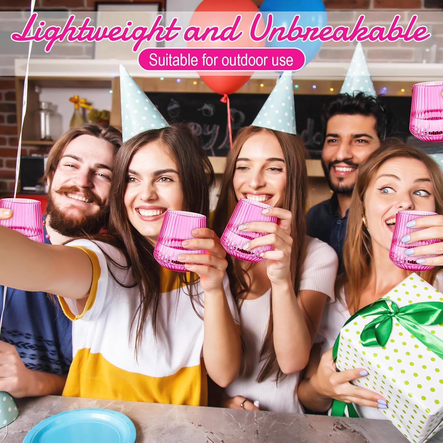 Suclain 50 Pcs Plastic Wine Glasses Ribbed Stemless Wine Glasses 14oz Vertical Design Unbreakable Cups for Outdoor Indoor Vintage Elegant Champagne Whiskey Cups for Party Wedding (Hot Pink) - Image 6