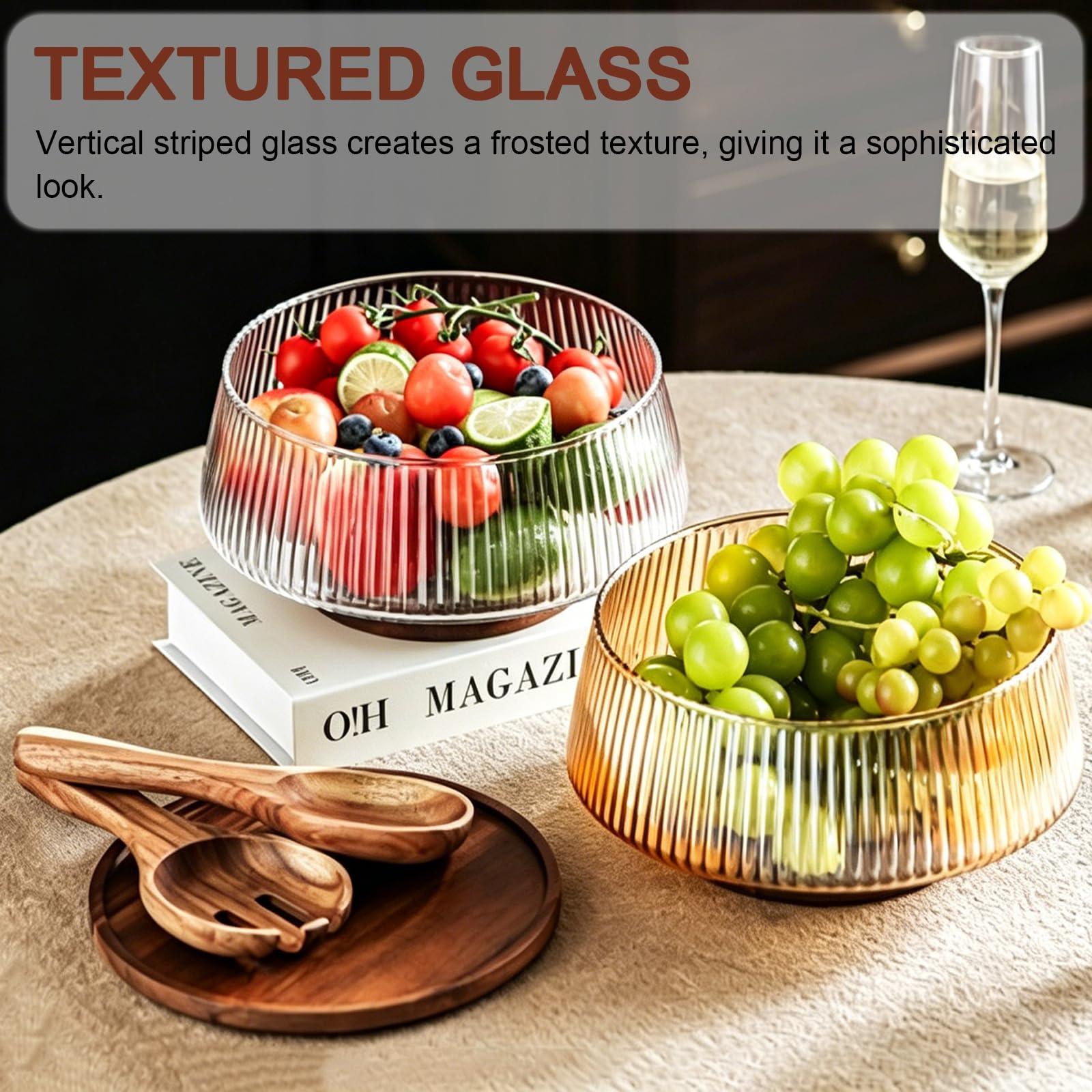 Juego de cuencos de ensalada de vidrio con cucharas mezcladoras y tenedor, base de madera para una mayor estabilidad, diseño de gran capacidad para cocina y fiestas, patrón de rayas, sin tapa