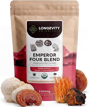 Organic Emperor 4 Mushroom Powder Supplement Extract | Full-Spectrum Blend | 100g powder, 60 servings of 1,660mg. 4-mushroom fruiting body blend, 30% beta-D-glucans. Cognition, energy and immunity.