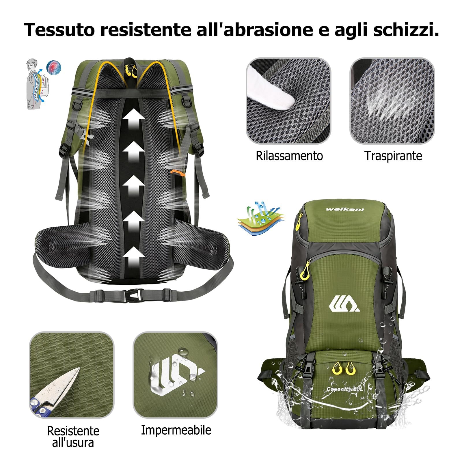Zaino da Trekking 50L Zaino da Giorno Idrorepellente in Nylon Zaini Campeggio con Cinghie Riflettenti Vani Multipli Backpack Viaggio Arancione