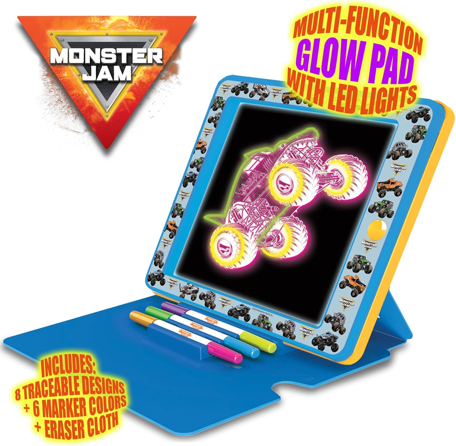 Monster Jam Premium Glow Pad – LED Drawing Pad for Kids with Easel Cover, 3 Markers and 8 Backgrounds – Animated Drawing Board for Creative Play