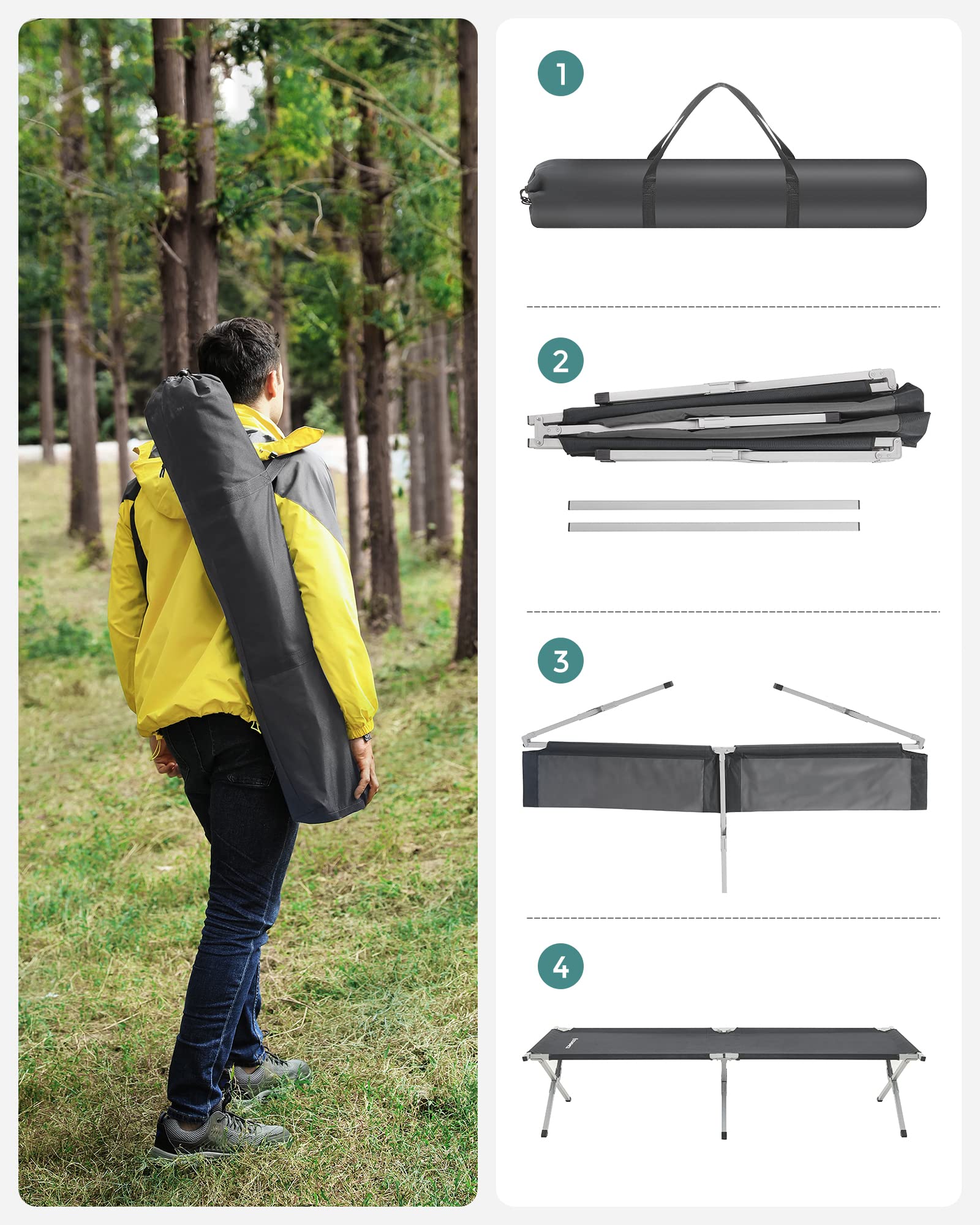 SONGMICS Brandina da Campeggio Pieghevole, Lettino da Campeggio, Letto per Ospiti, 210 x 72 x 45 cm, Portata 110 kg, Attività all’Aperto, per Viaggio, Nero GCB21H