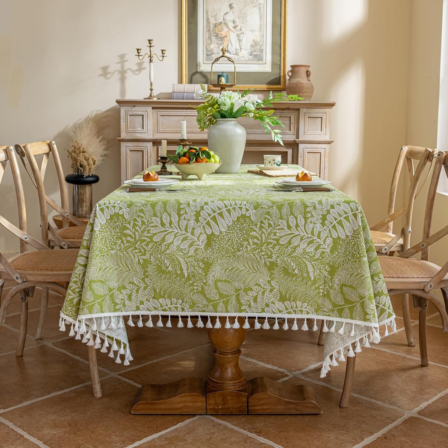 Rectangle Vintage Cotton Linen Tablecloth with Stitching Tassels Washable Fabric Table Cover for Dining Kitchen Tea Party, 60 x 120 Inches, Blue Rose Floral
