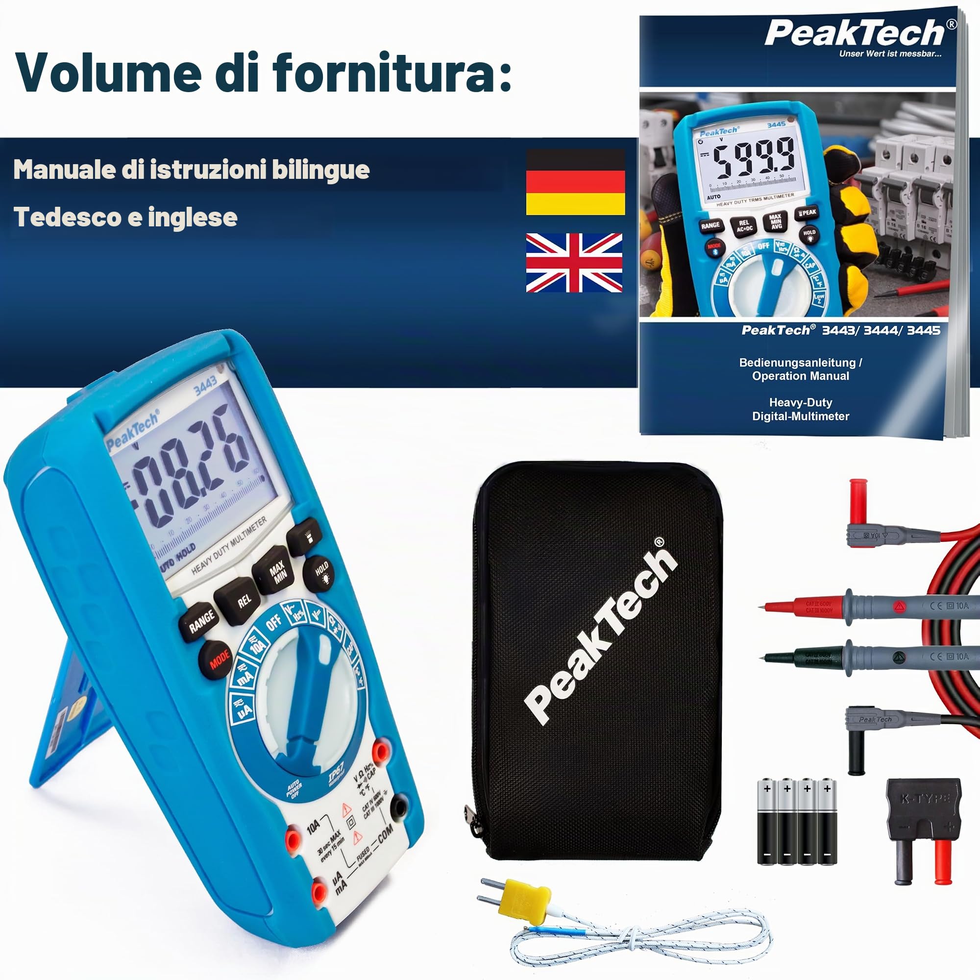PeakTech 3443 – Multimetro digitale con illuminazione a LED, Impermeabile (IP67), 6000 conteggi, Custodia estremamente robusta, Multimetro tascabile, Voltmetro, Tester di continuità - CAT III 1000V