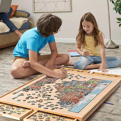 Miniatura 6 de Mesa de rompecabezas portátil plegable de 1500 piezas con 4 cajones, tablero de rompecabezas de madera de 34 x 26 pulgadas con patas y cubierta