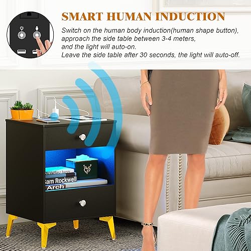 Miniatura 9 de Dystler Mesitas de noche modernas con 2 puertos USB, mesita de noche para dormitorio, mesa auxiliar inteligente con enchufe de alimentación y 2
