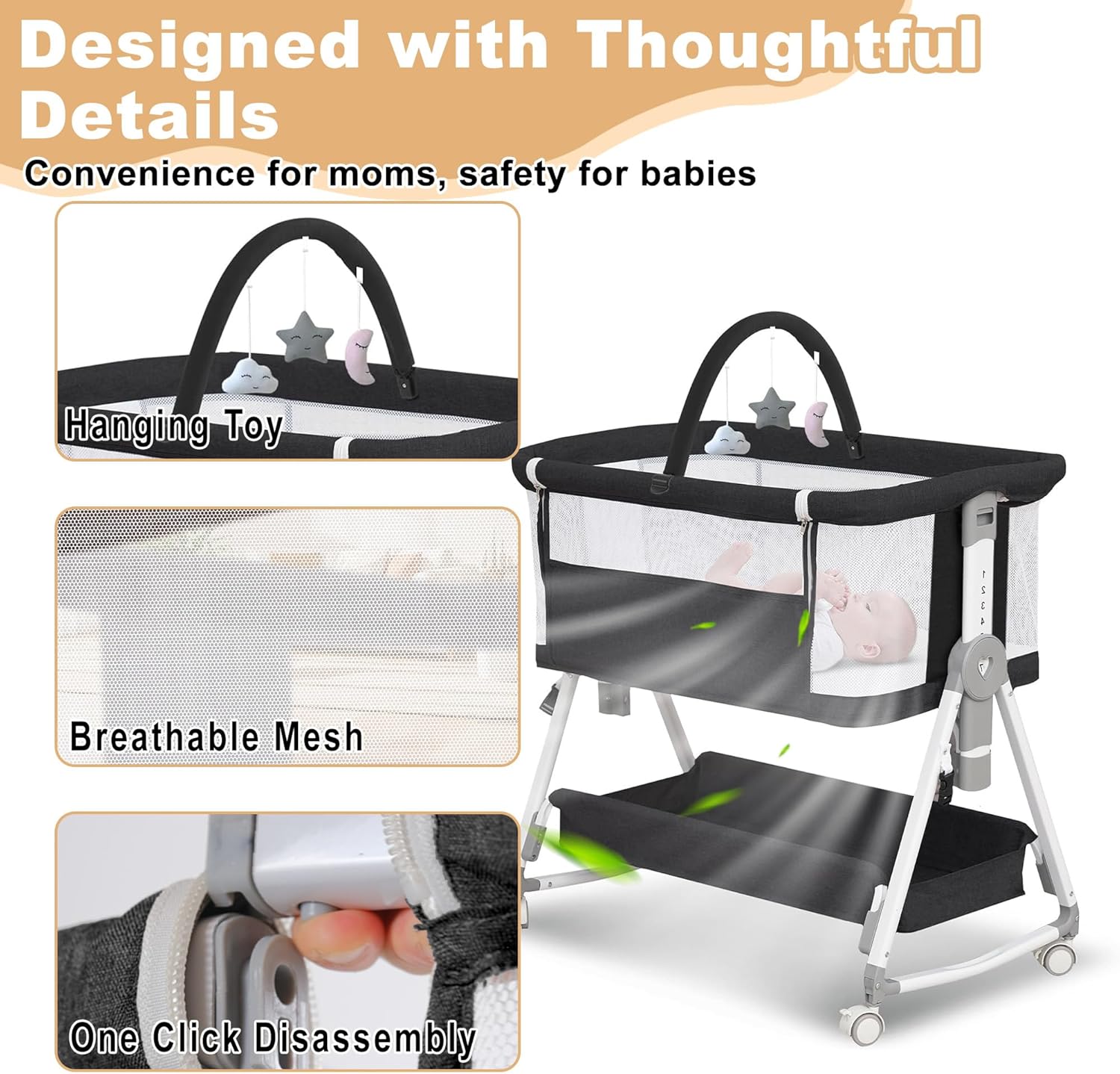 Baby Bassinet,3 in 1 Bedside Bassinet for Baby with Hanging Toys, Portable Foldable Bassinets Bedside Sleeper,4-Sided Mesh Bedside Crib with Wheels and Storage Basket,6 Height Adjustable (Black)