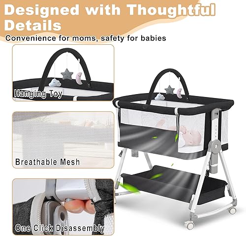 Miniatura 4 de Cuna de bebé, moisés 3 en 1 para bebé con juguetes colgantes, moisés plegables portátiles, cuna de noche de malla de 4 lados con ruedas y cesta de