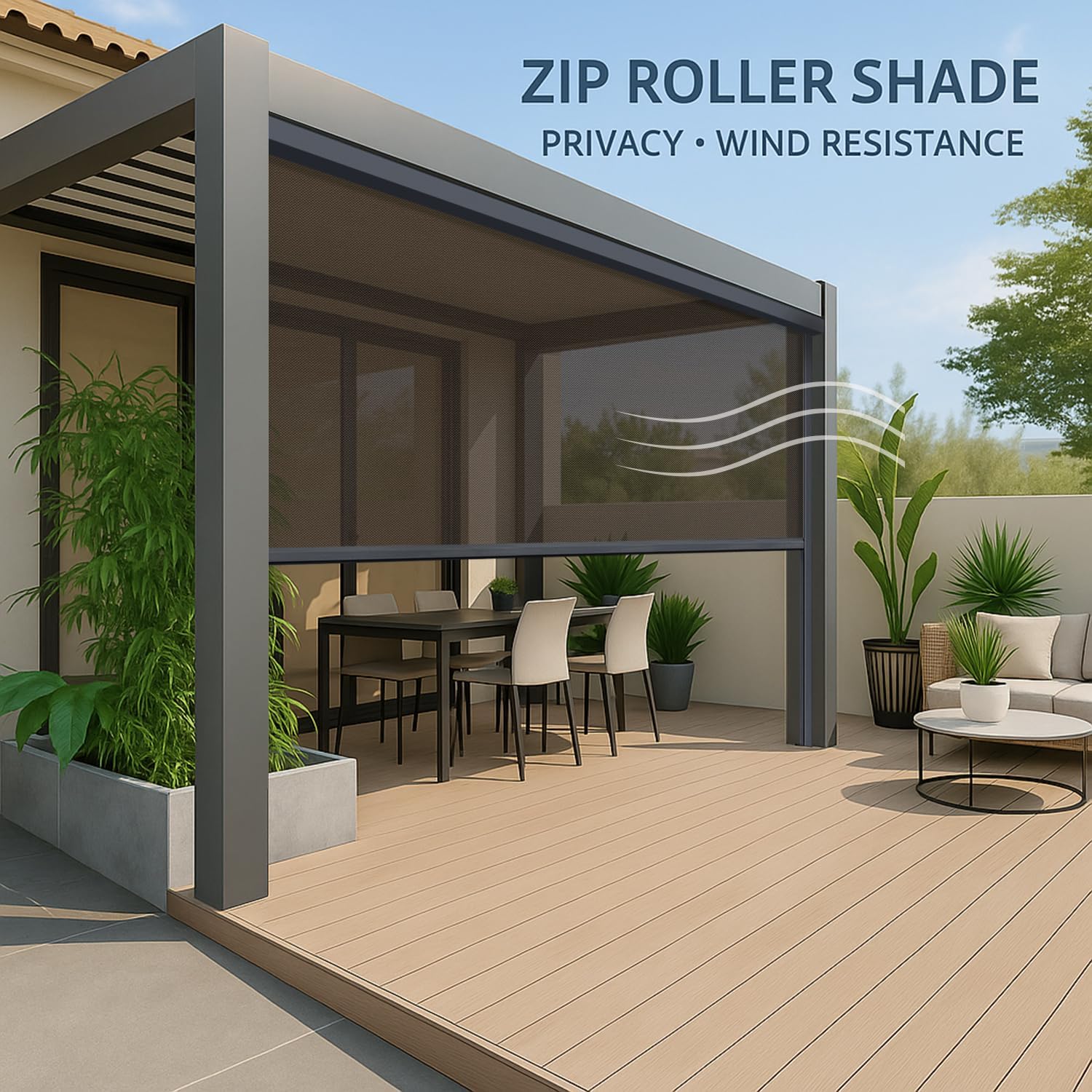 ZSHINE Motorized Outdoor Roller Shade, Hardwired or Solar Powered Rechargeable Patio Shade, Windproof Exterior Sun Shade, UV Protection for Pergola, Porch, Balcony (30% Openness Coffee)
