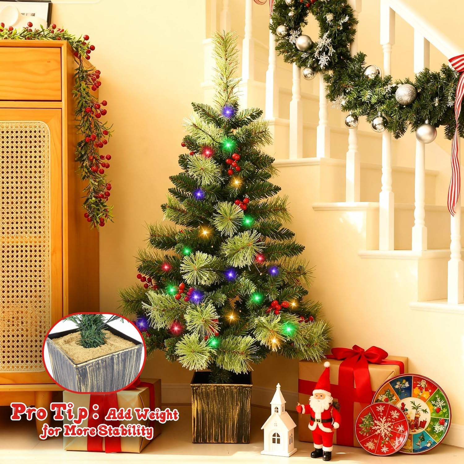 JOYHALO 4FT Outdoor Christmas Trees for Porch with 80 Warm White and Multicolor LED Lights, Pre-lit Potted Christmas Tree with PVC Branches Pine Needles Berries for Christmas Decoration