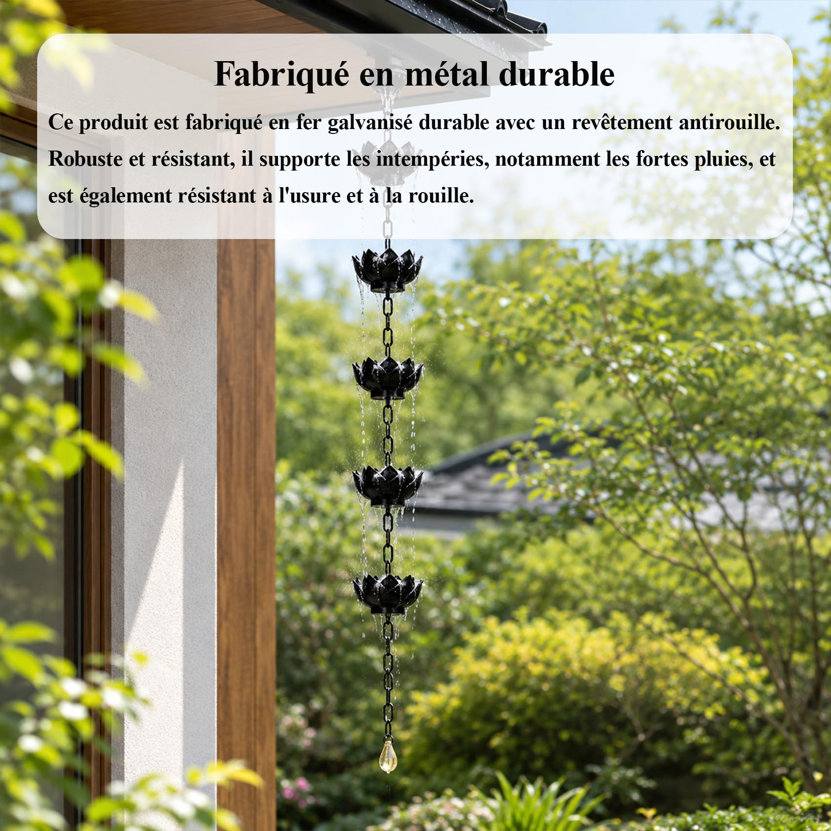 Chaîne de Pluie Lotus, déco extérieure élégante, métal Anti-Rouille résistant aux intempéries, remplace Tuyau de Descente, Montage sans Outil pour Jardin, terrasse, Cour et façade de Maison