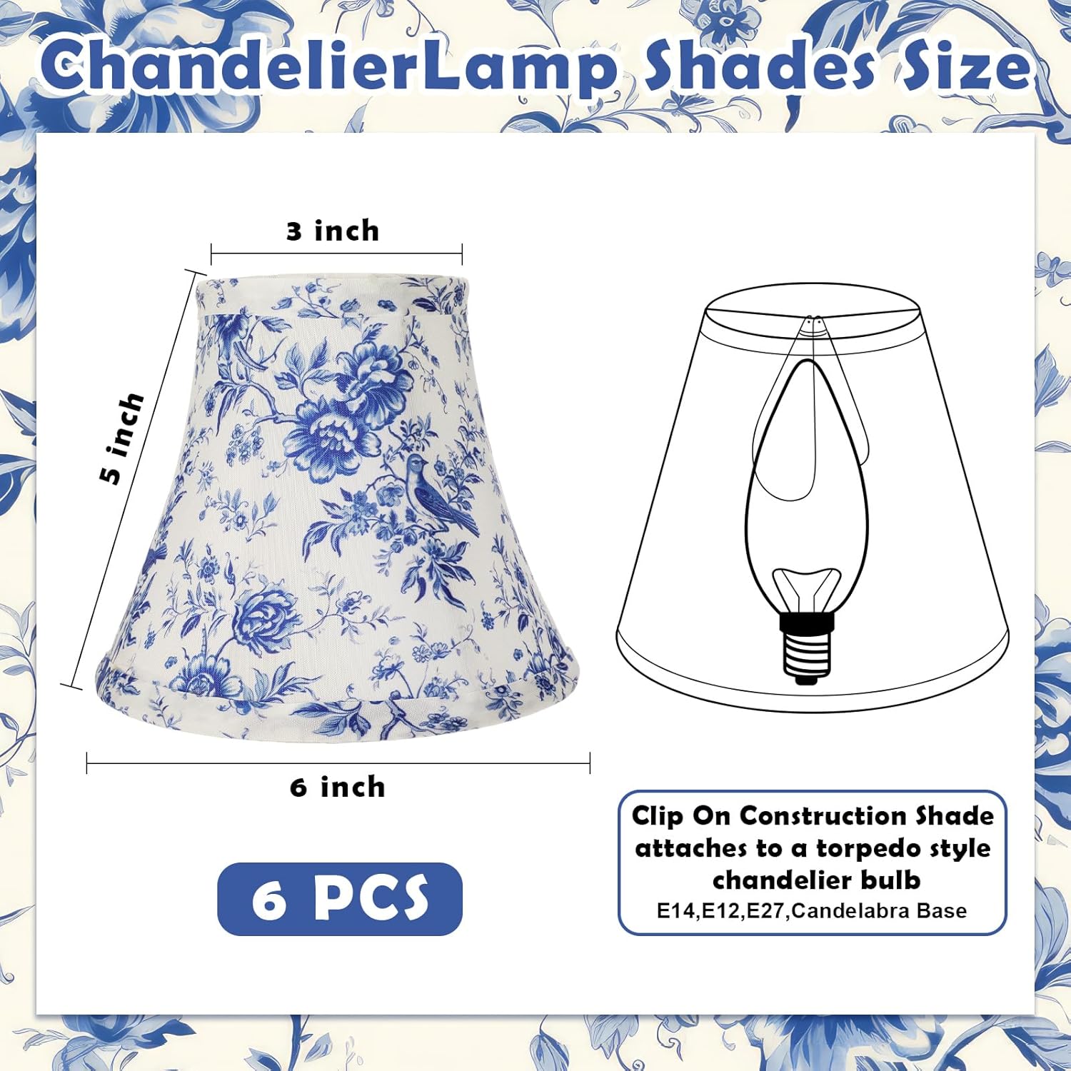 VIHOSE 6 Pcs Chandelier Lamp Shades Mini Chinoiserie Lamp Shade French Countryside Floral Toile Clip Bulbs Lampshade Cover 3 x 6 x 5 Inch for Chandelier Farmhouse Table Wall Lamps Replacement
