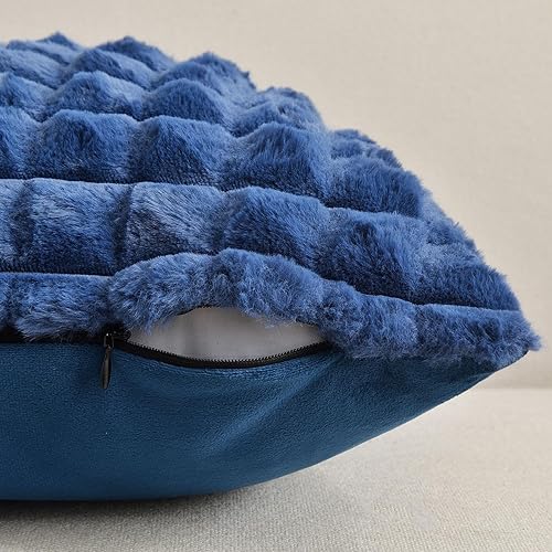 Miniatura 3 de FUTEI Fundas de almohada decorativas azul marino de 18x18 pulgadas, juego de 2, funda cuadrada de almohada, diseño a cuadros de pelo sintético de