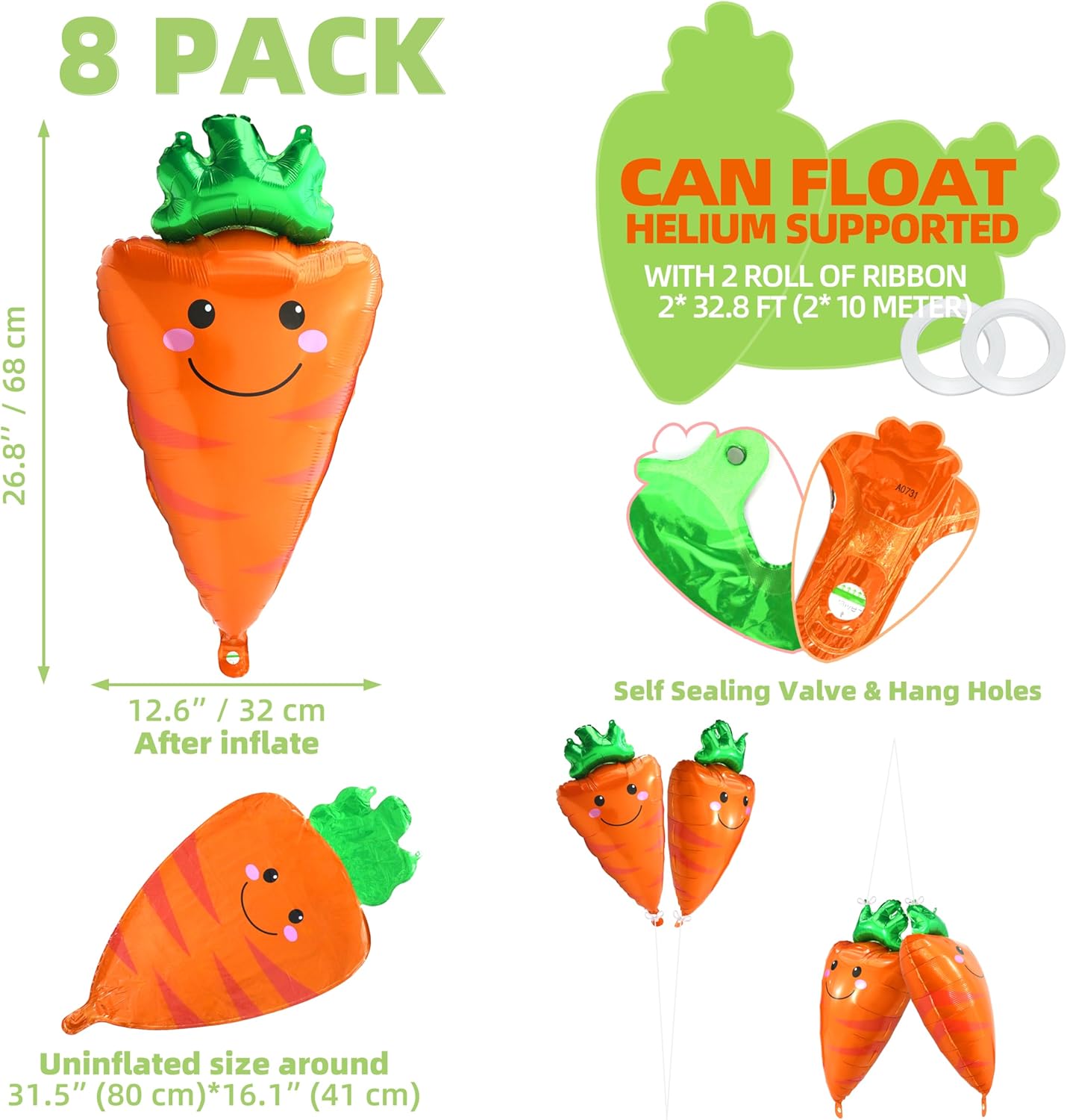 Cute Carrot Balloons Farmer Vegetable Decoration Fruit Veggie Farm Food Party Supplies For Birthday Picnic Cooking Baby Shower, 8 Pack Cartoon Happy Easter Carrot Foil Balloons Easter Bunny Decoration