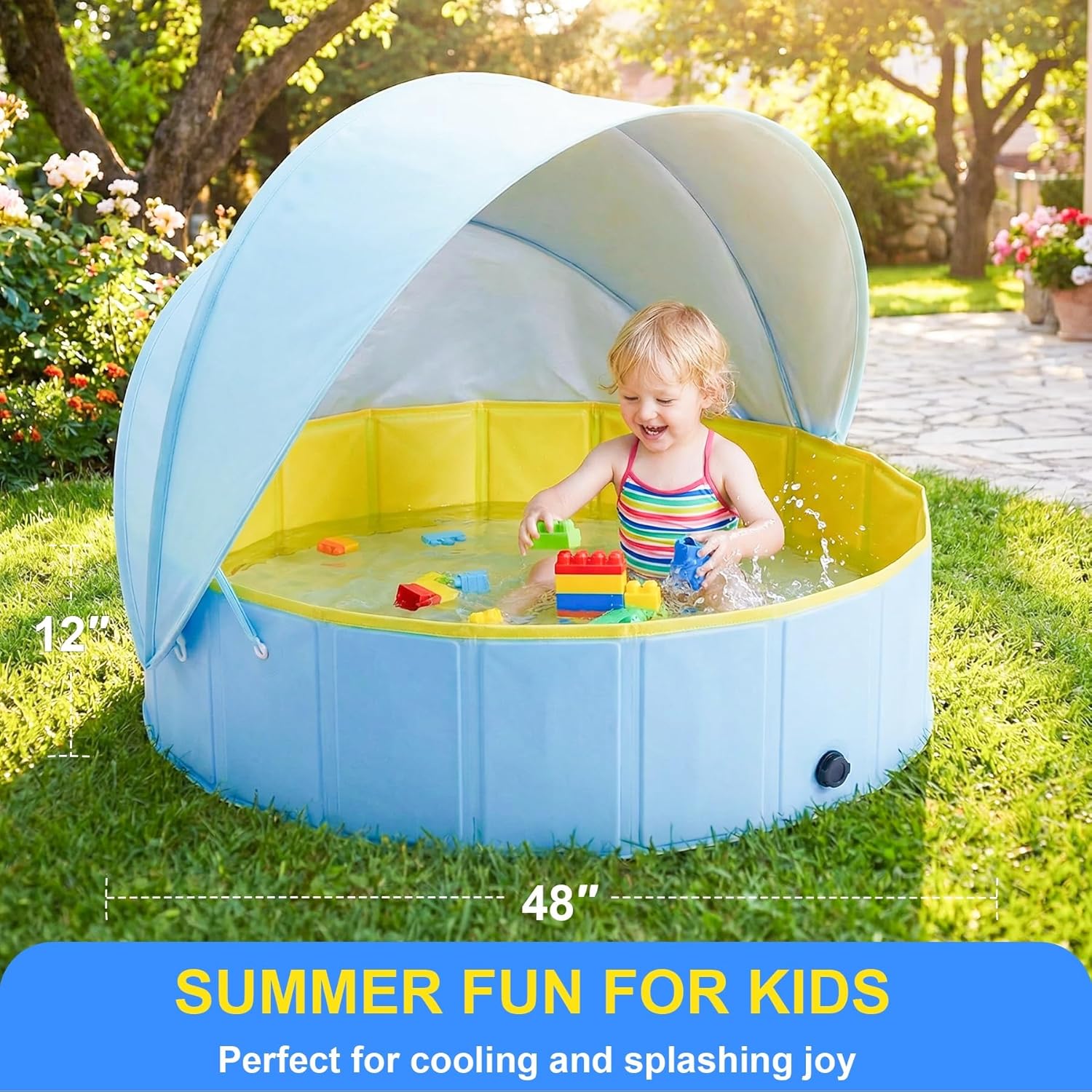 Kiddie Pool with Canopy, Foldable Kids Pools for 3 4 5 6 7 8 Year Old Kids Pools Ages 4 5 6 7 8 Pool with Shade Beach Essentials Tent Swimming Wading Pools Outdoor Backyard Beach - 48”