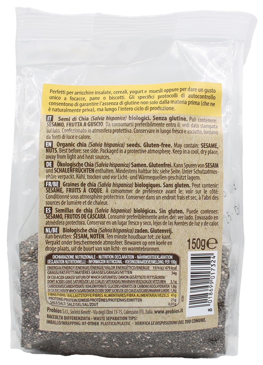 Probios Semi di Chia Bio Senza Glutine - [Confezione da 6 x 150 g]