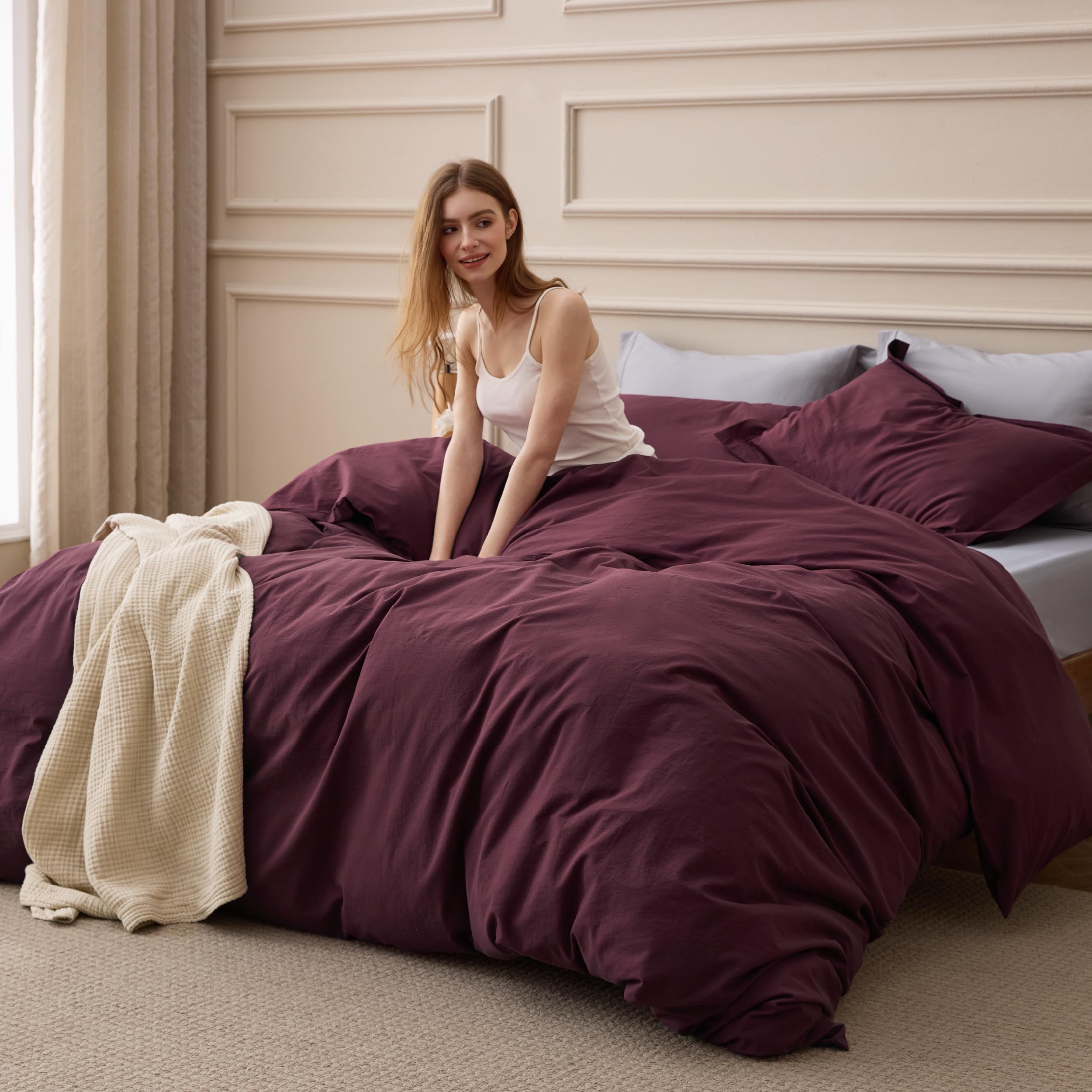 Photo 1 of Bedsure 100% Washed Cotton Duvet Cover King Size - Burgundy Minimalist Bedding Set Linen Like - PureWoven Plain Simple & Soft Comforter Cover for All Seasons (Burgundy, King, 104"x90")