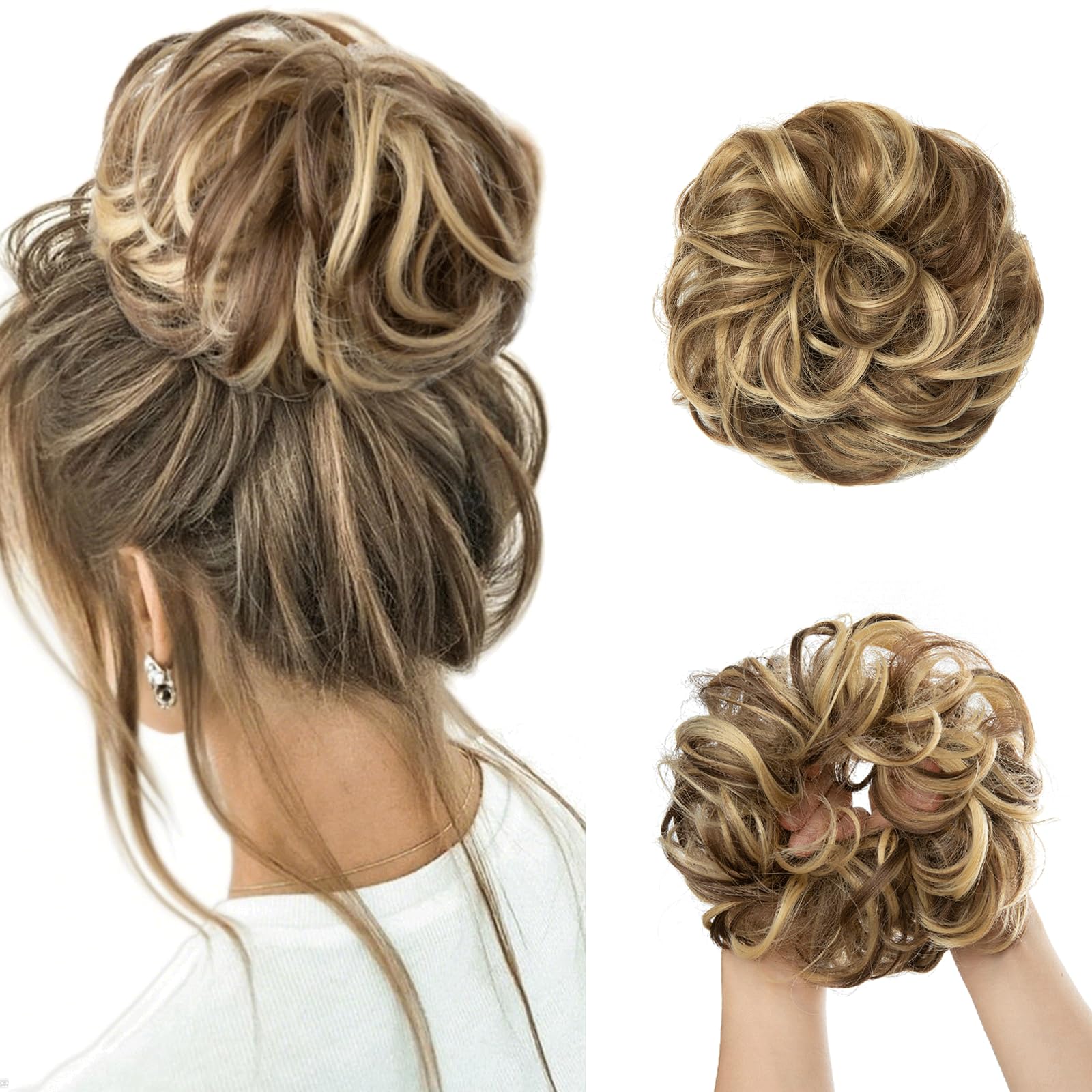 Photo 1 of HIZEMLK 1PCS Messy Bun Hair Piece Messy Hair Bun Scrunchies for Women Wavy Curly Chignon Ponytail Hair Extensions Synthetic Thick Tousled Updo Bun (Brunette/Butter Blonde)