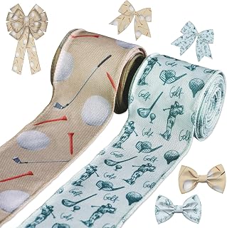 2 Rolls Golf Ribbon - 2.5 Inch x 5 Yards Each,Golf Balls & Tee Wired Edge Decorative Ribbon,Modern & Vintage Golf Theme for Gift Wrapping Father's Day Sports Party Decor Wreath DIY Crafts Bows Making