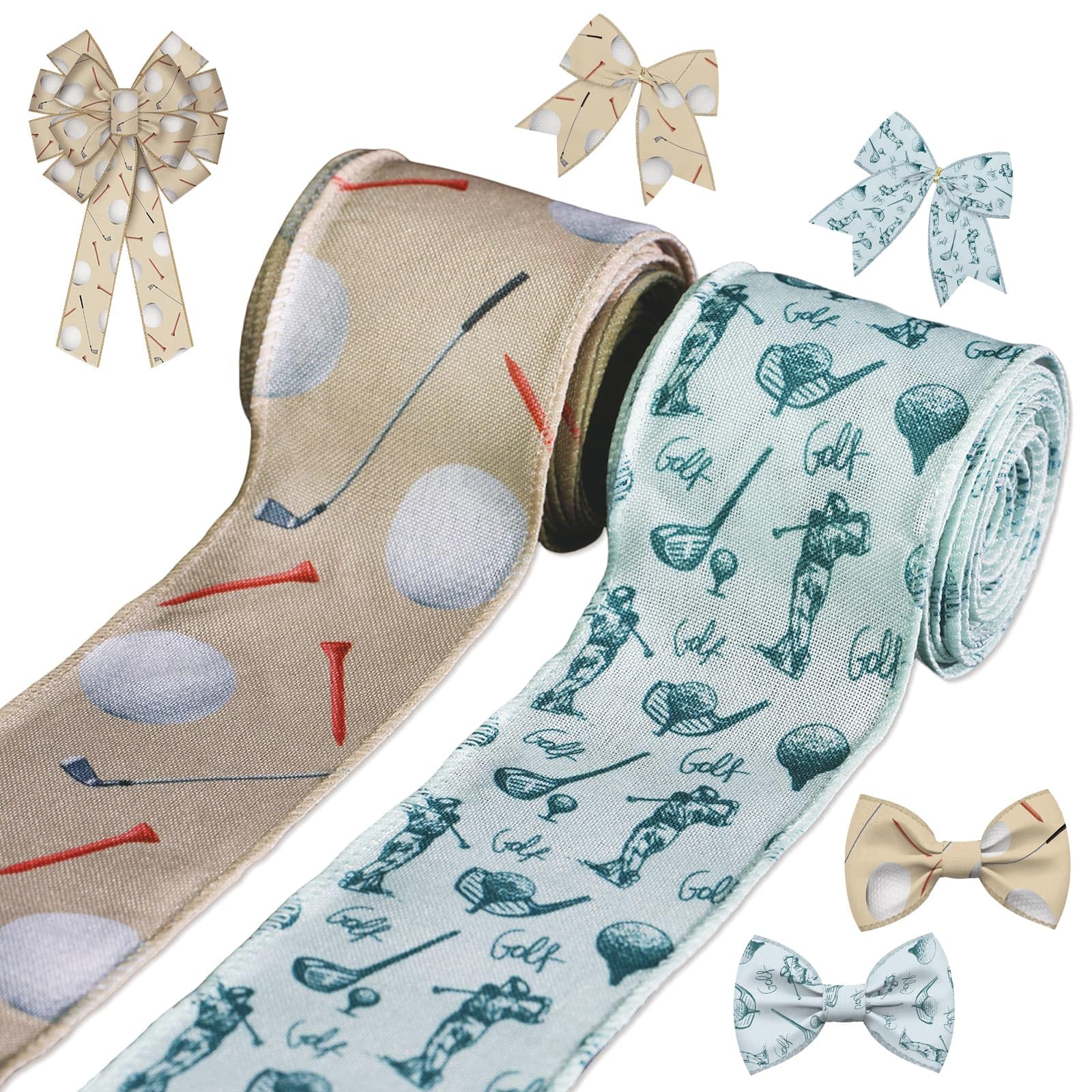 2 Rolls Golf Ribbon - 2.5 Inch x 5 Yards Each,Golf Balls & Tee Wired Edge Decorative Ribbon,Modern & Vintage Golf Theme for Gift Wrapping Father's Day