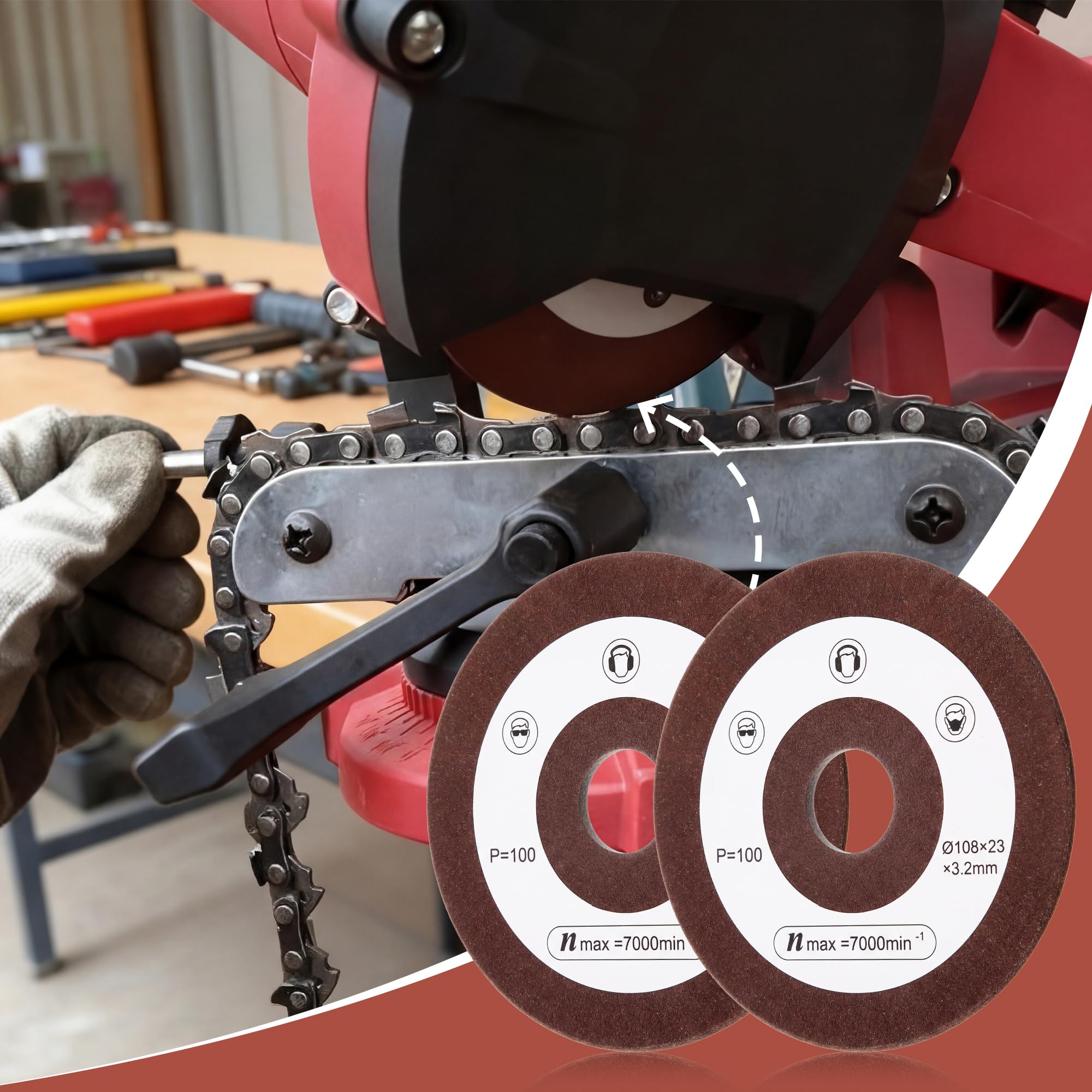 BBTO Mola abrasiva di ricambio in 2 pezzi compatibile con Einhell, diametro 108 mm, attacco 23 mm, grana P100, mola abrasiva per affilatura catene per seghe compatibile con Einhell