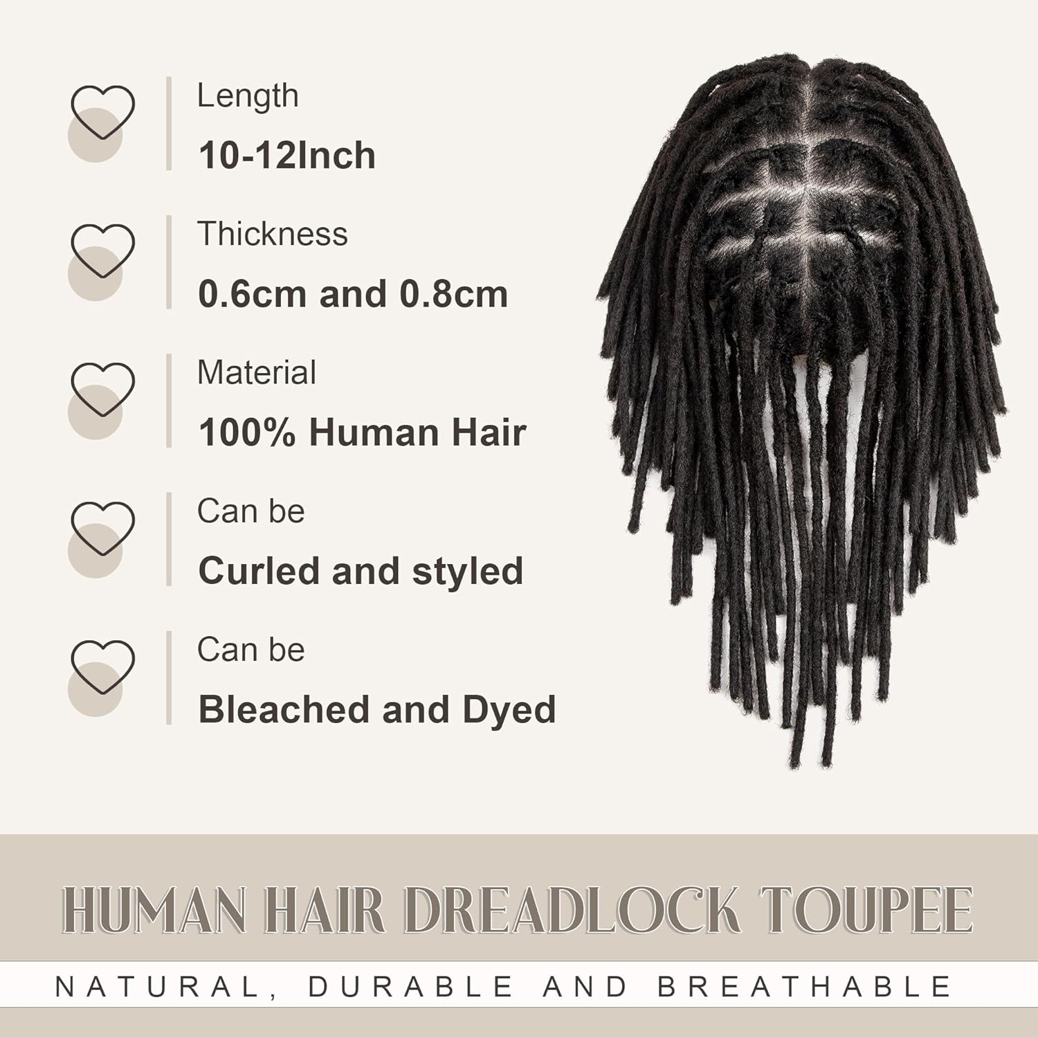 originea DAIXI 8x10 Inches Transparent Full Lace Human Hair Dreadlocks Toupee, 0.8cm Thickness Natural Loc Extensions Human Hair Dreadlock Crocheted On the Toupee