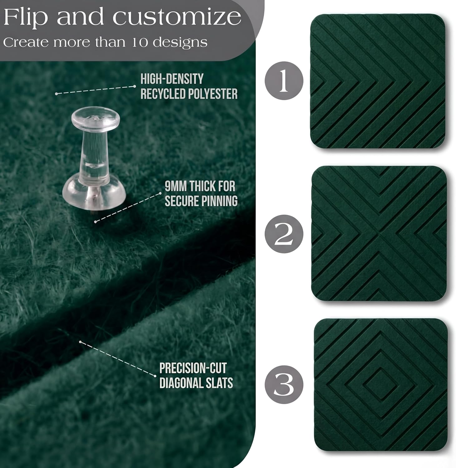 Felt Bulletin Board for Wall – Large Felt Board Tiles, 36 x 48 in Overall, Diagonal Slat Pinboard Panels with Push Pins & Adhesive Tabs for Home Office & Classroom, 12-Pack (Velvet Green)
