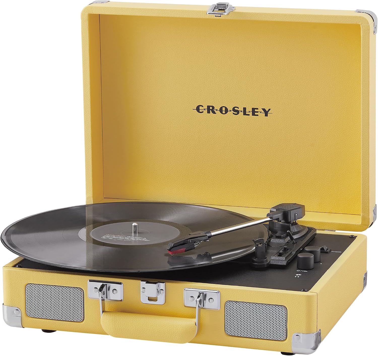 Crosley CR8005F-LY Cruiser Plus Vintage 3-Speed Bluetooth in/Out Suitcase Vinyl Record Player Turntable with Built-in Speakers, Lemon Yellow