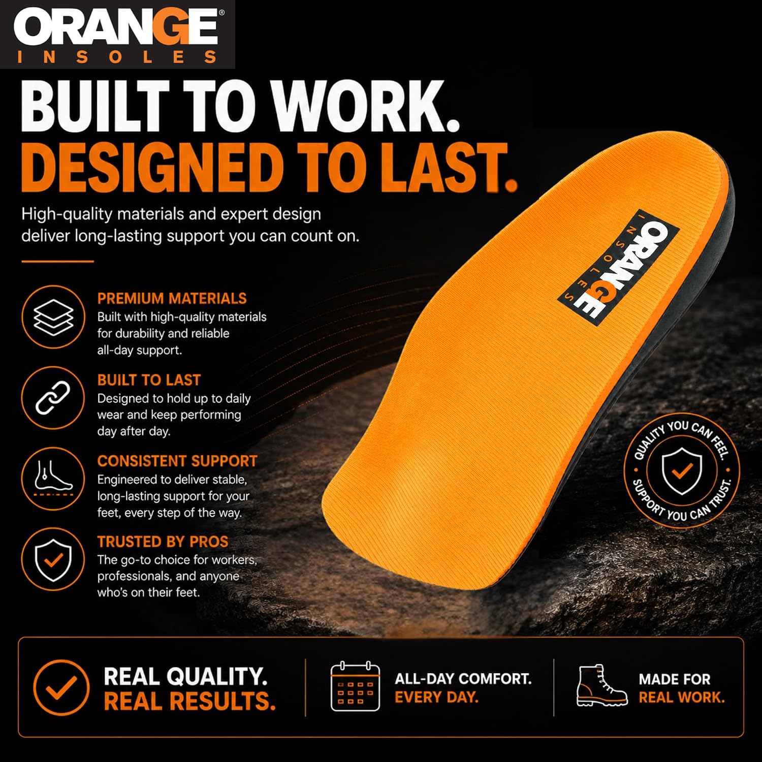 Orange Insoles D 3/4 Fits Men's Shoe 9-10, Women's 10.5-11.5