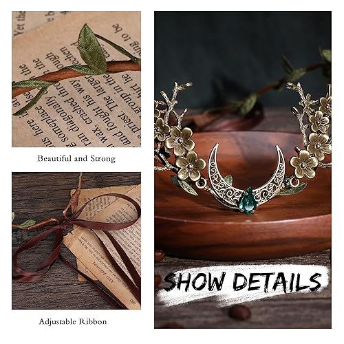 Miniatura 6 de MOSTORY Elf Ears with Wood Leaf Crown Headpiece for Cosplay Peach Flower Fairy Circlet Headband and 2 Pairs Soft Pointed Elf Ears Moon Crystal Tiara