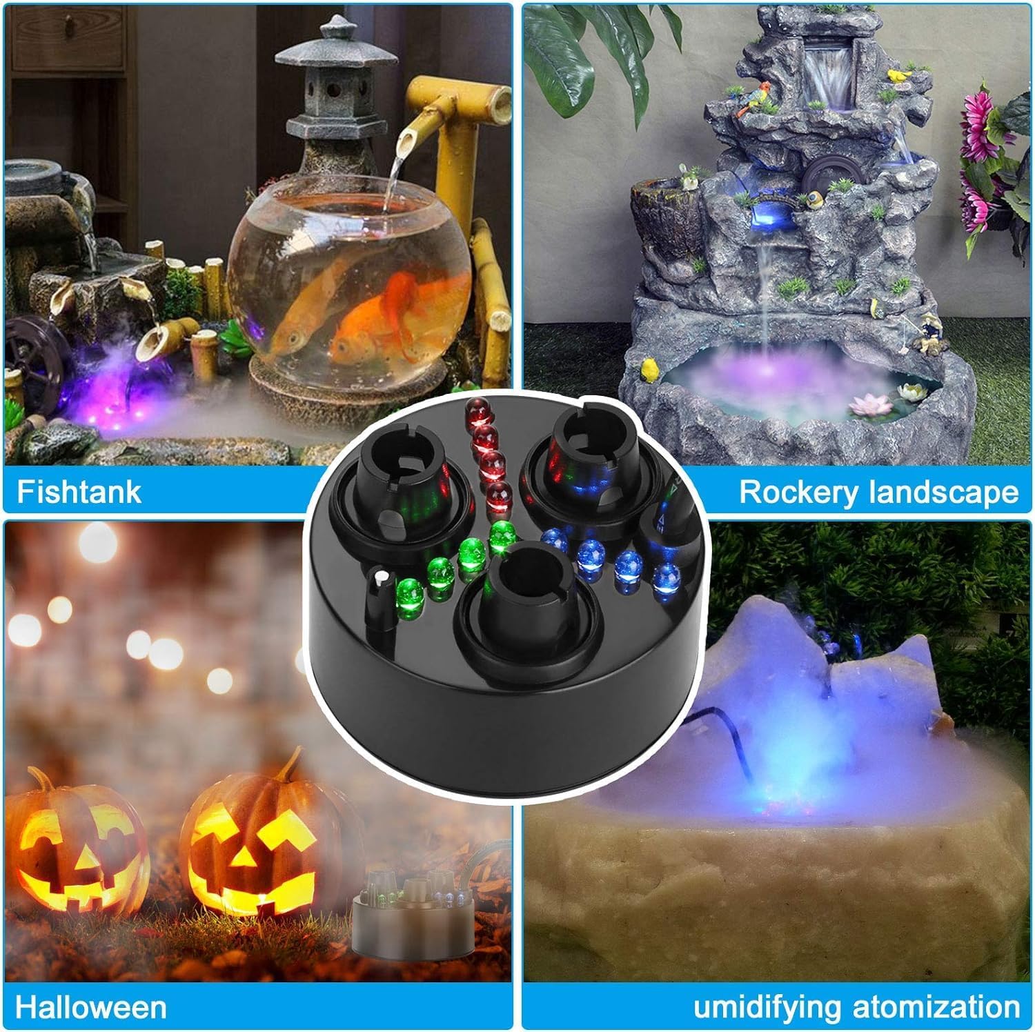 AYNEFY Fog Maker,Pond Mist Maker Fogger 3 Water Fountain Atomizer Humidifier with Colorful Light Power Adapter for Water Fountain Pond Pot