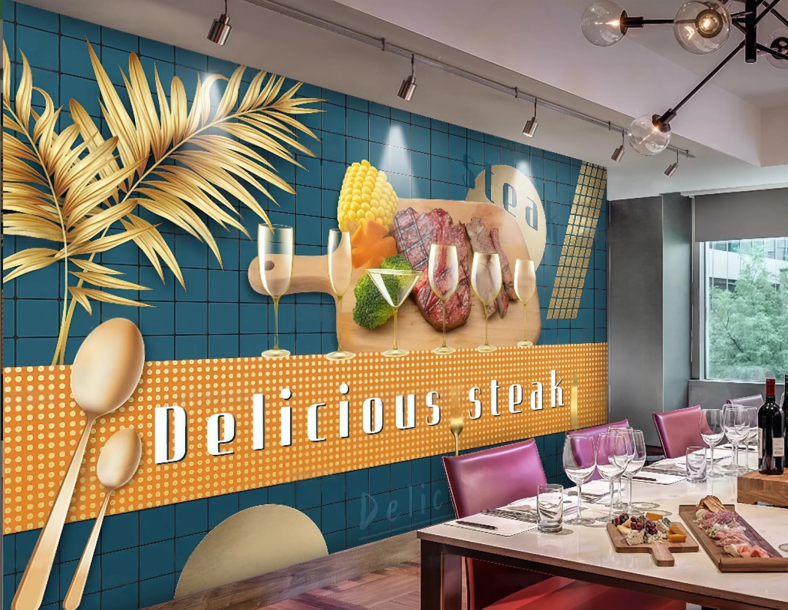 Rskjdghshd 3D Wallpaper Plaid Hand-Painted Delicious Steak Creative Food Afternoon Tea Drinks Snack Bar Background Wall Western Restaurant Wallpaper Cafe Mural,,300X210cm