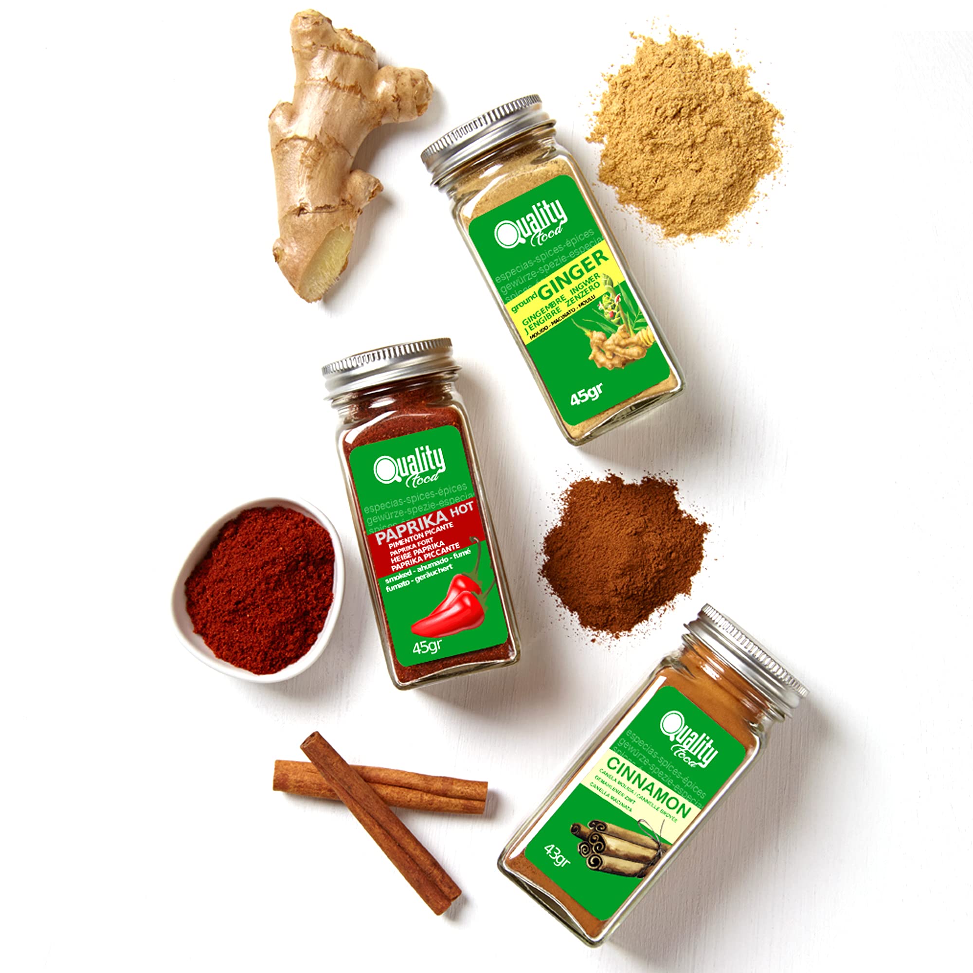 Pack d'épices indiennes. Idéal pour cadeaux et l'usage quotidien. 8 bocaux en verre, réutilisables. Cumin, curcuma, cardamome, coriandre, cannelle, poivre, moutarde et fenouil.