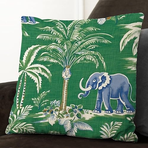 Miniatura 6 de Chinoiserie Pillow Cover Green with Elephant and Donkey Cushion Cover Traditional Chinese Decorative Pillow Home Cotton Linen 18x18in Elegant Square