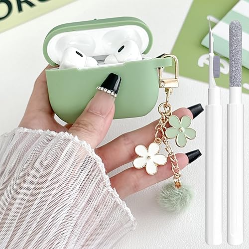 Bonita funda para Airpods Pro de 21 generación para niñas y mujeres, con llavero de flor de pompón y kit de limpieza, piel protectora de silicona