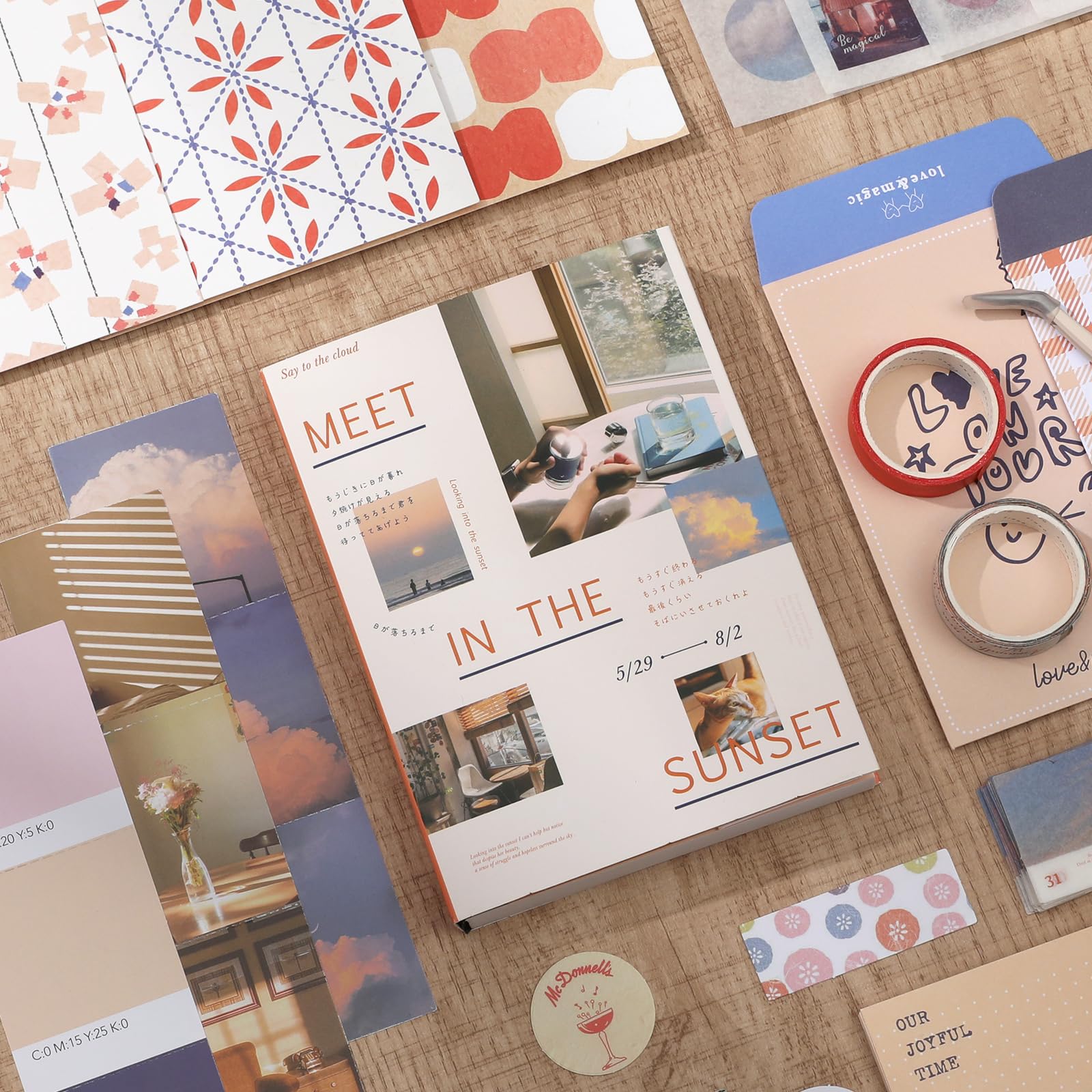 Zestaw akcesoriów do albumu fotograficznego z pęsetą i taśmą klejącą – romantyczne artykuły pa, estetyczny dziennik śmieci, zestaw papieru do scrapbookingu, zestaw naklejek, notatnik